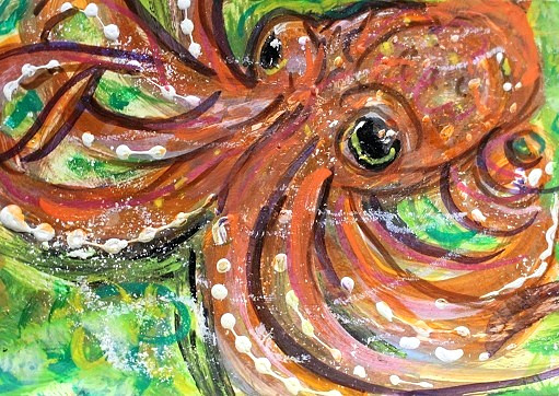 ORIGINAL ACEO Painting Orange OCTOPUS Sea Ocean Squid Fish Marine 8 Legs ATC ART