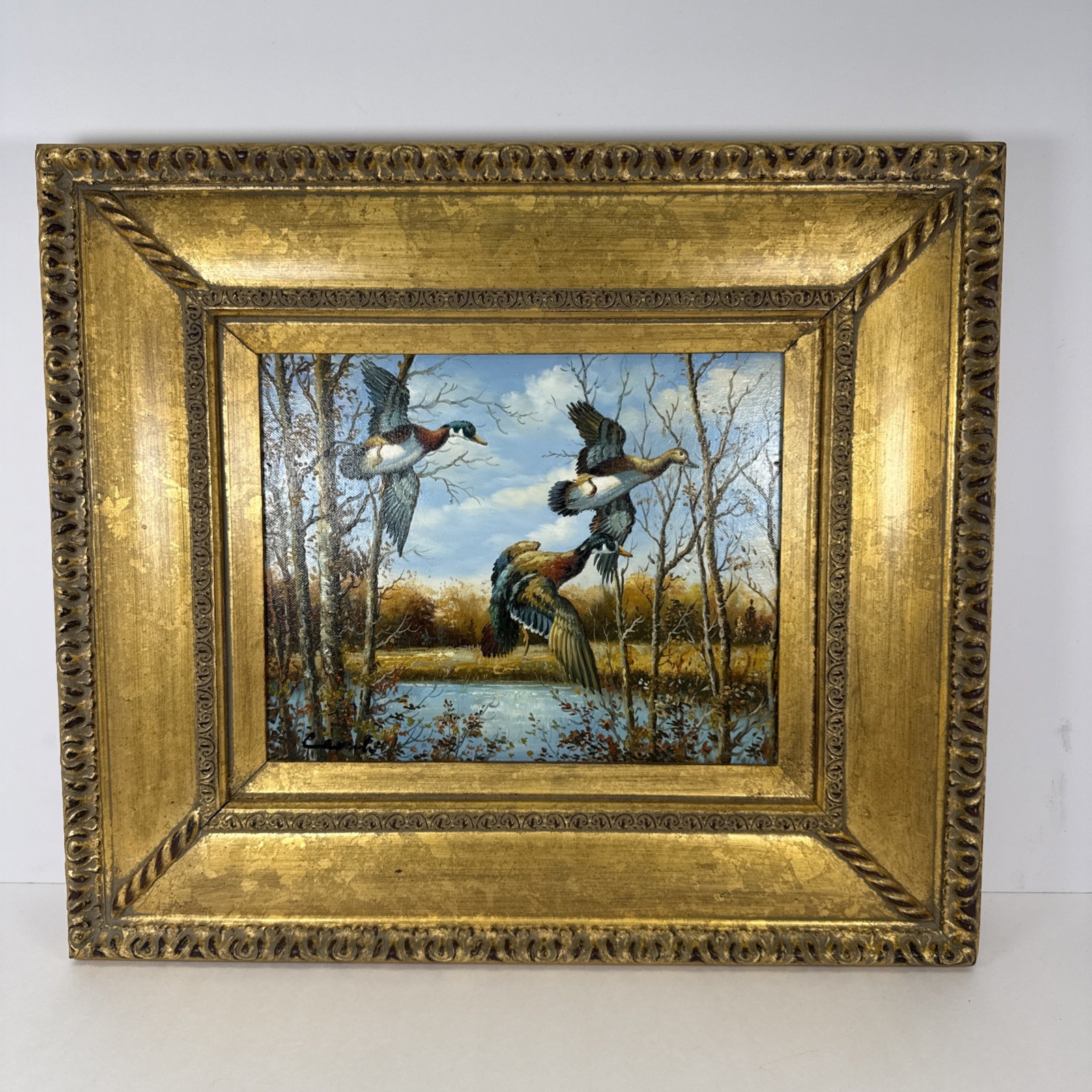 Migrating Ducks Original Painting On Canvas w/ Gold Frame – Art 7” x 9.5”