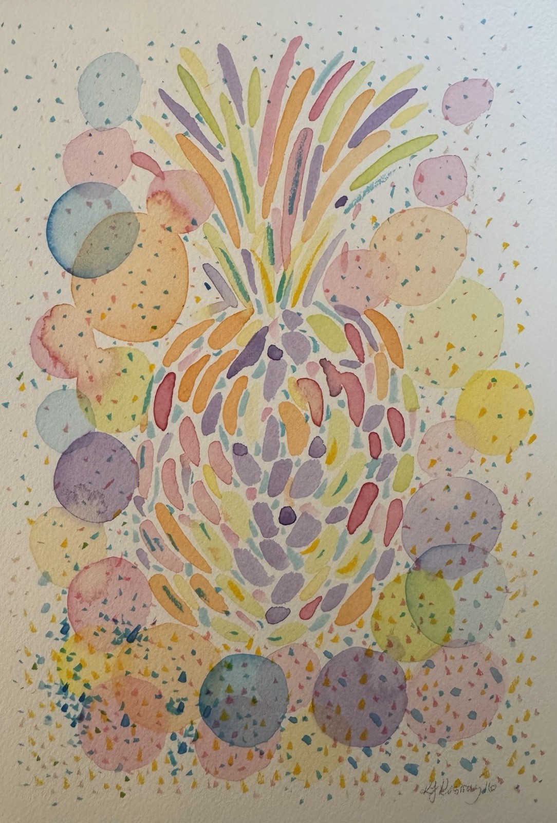 Pastel Rainbow pineapple modern folk outsider original painting art watercolor