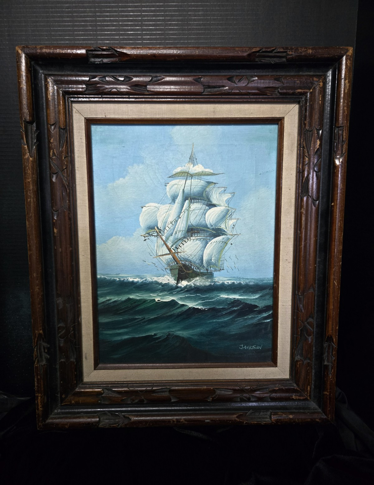 Jackson Signed Framed Realism Canvas Painting Nautical Seascape Sailing Ship