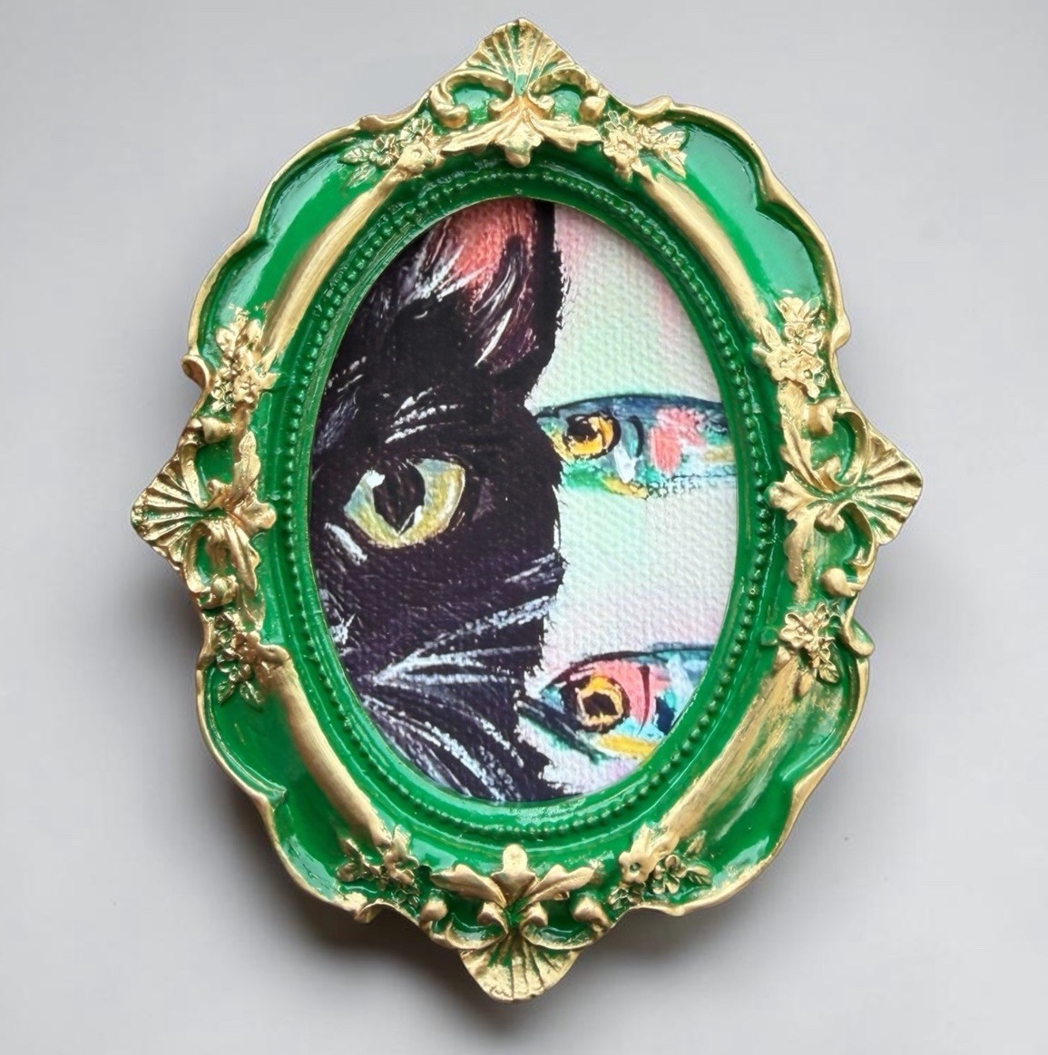 “Cat 🐈‍⬛ Snacks” custom mini framed animal print in vintage style ornate frame