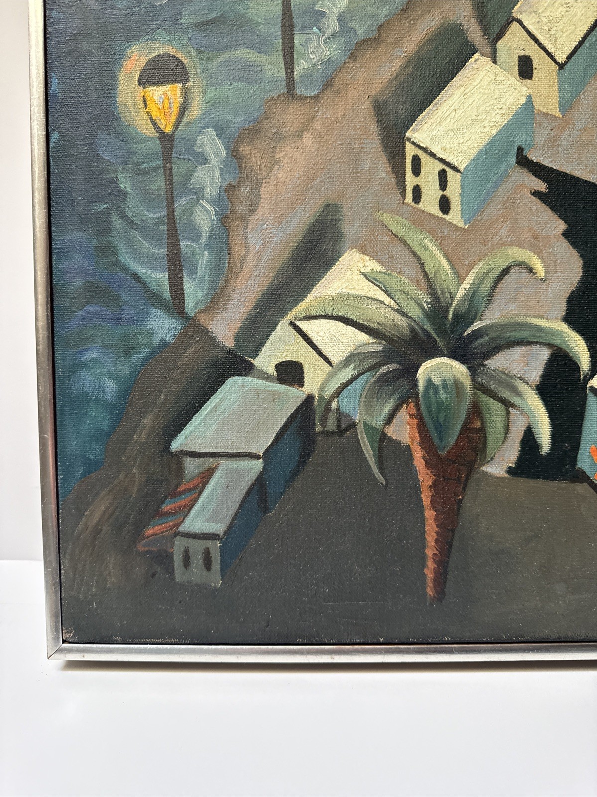 MID CENTURY PAINTING NIGHT BEACH COAST CUBIST MODERNIST JONES WPA ABSTRACT OIL