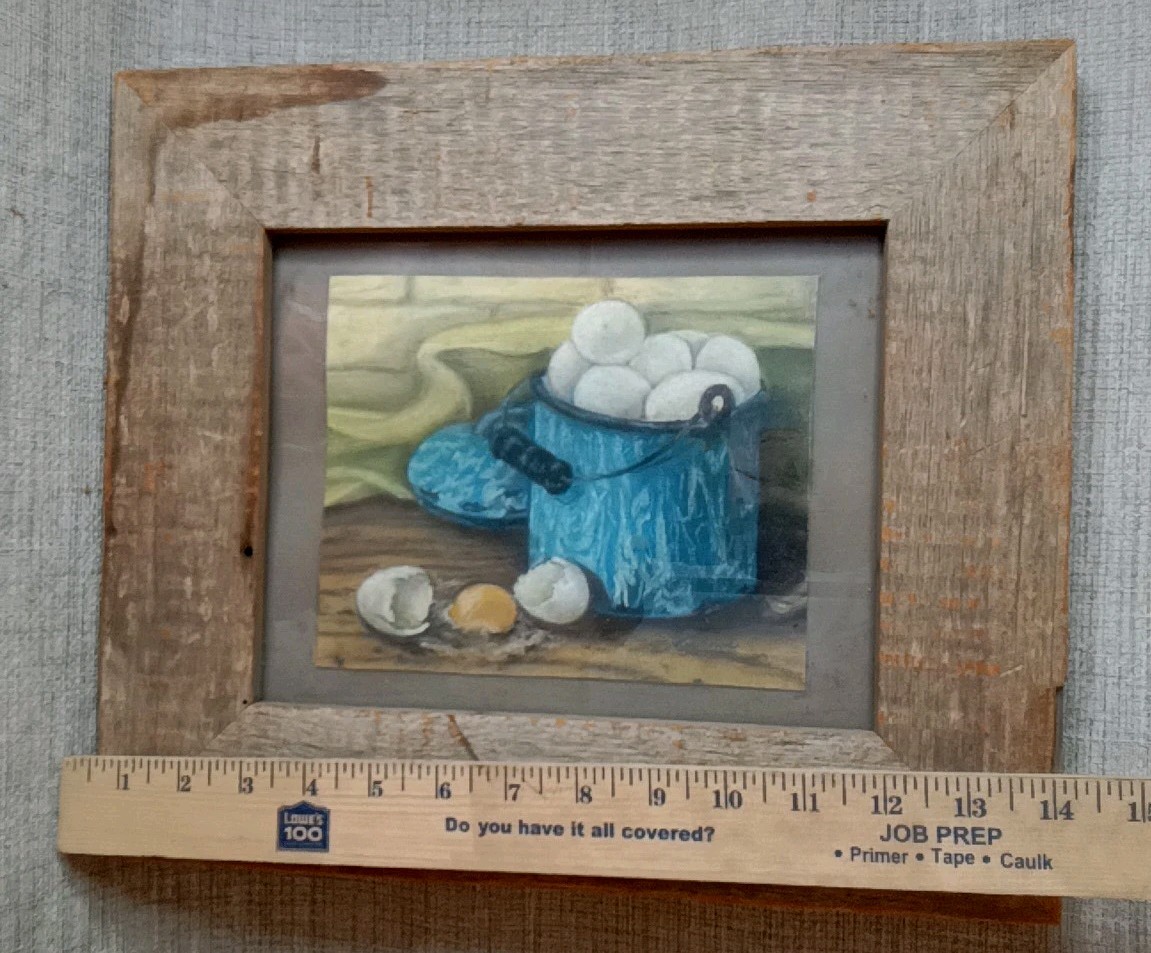 Antique Eggs in Blue Pot Primitive Still Life Folk Art Oil 11X14″ OOAK signed