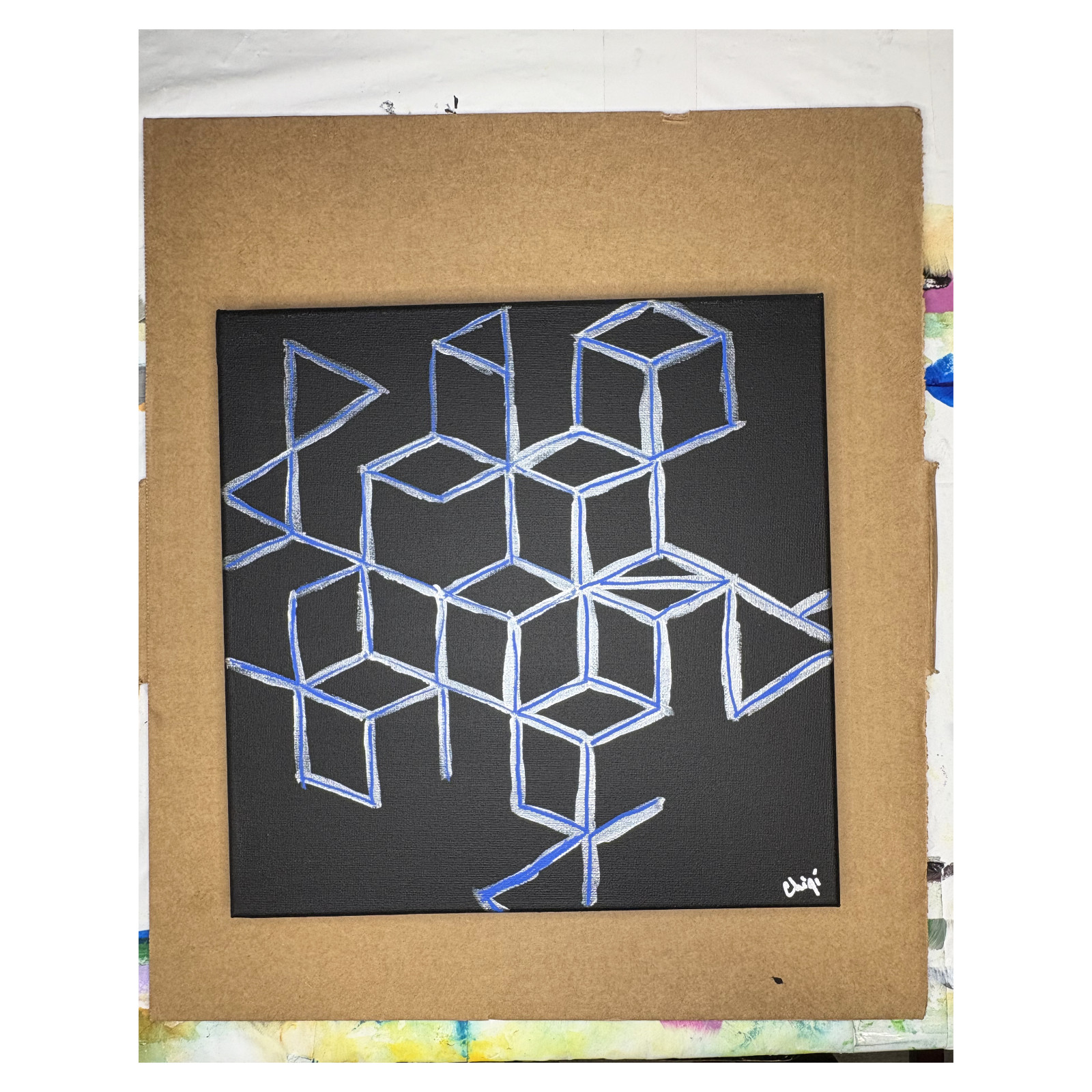 Geometric Line Abstraction 12×12 Silver, Black, & Blue Hand Painted Canvas