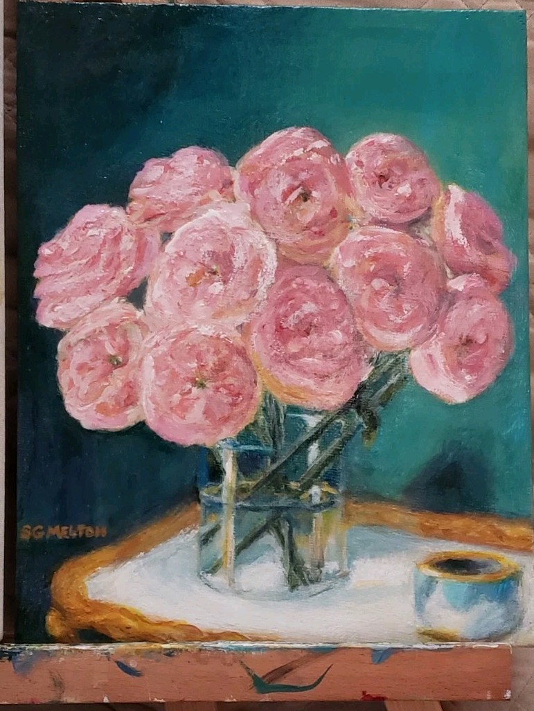 Original OOAK Art Painting Signed Floral Bouquet Pink Roses Crystal Vase Blue