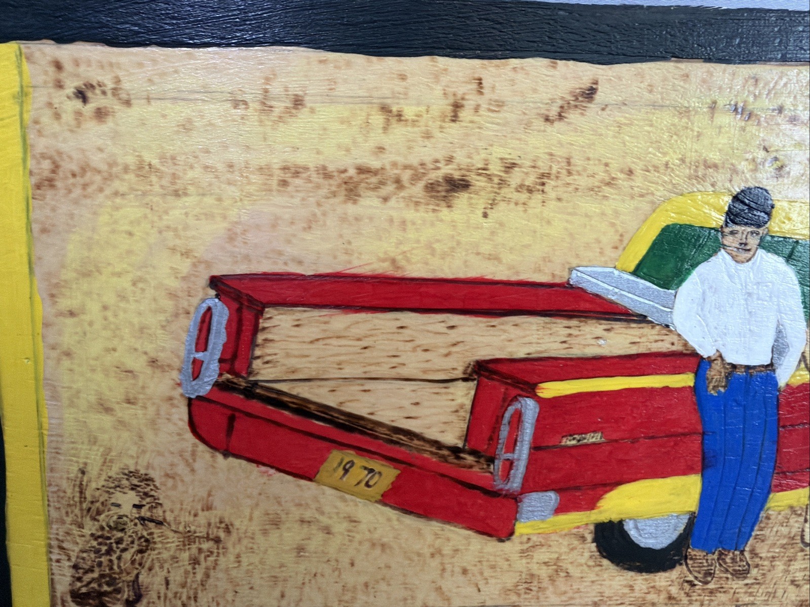 Gullah Folk Art Woodburning Painting Rev. J.F. Simmons “Cadillac Truck” Signed
