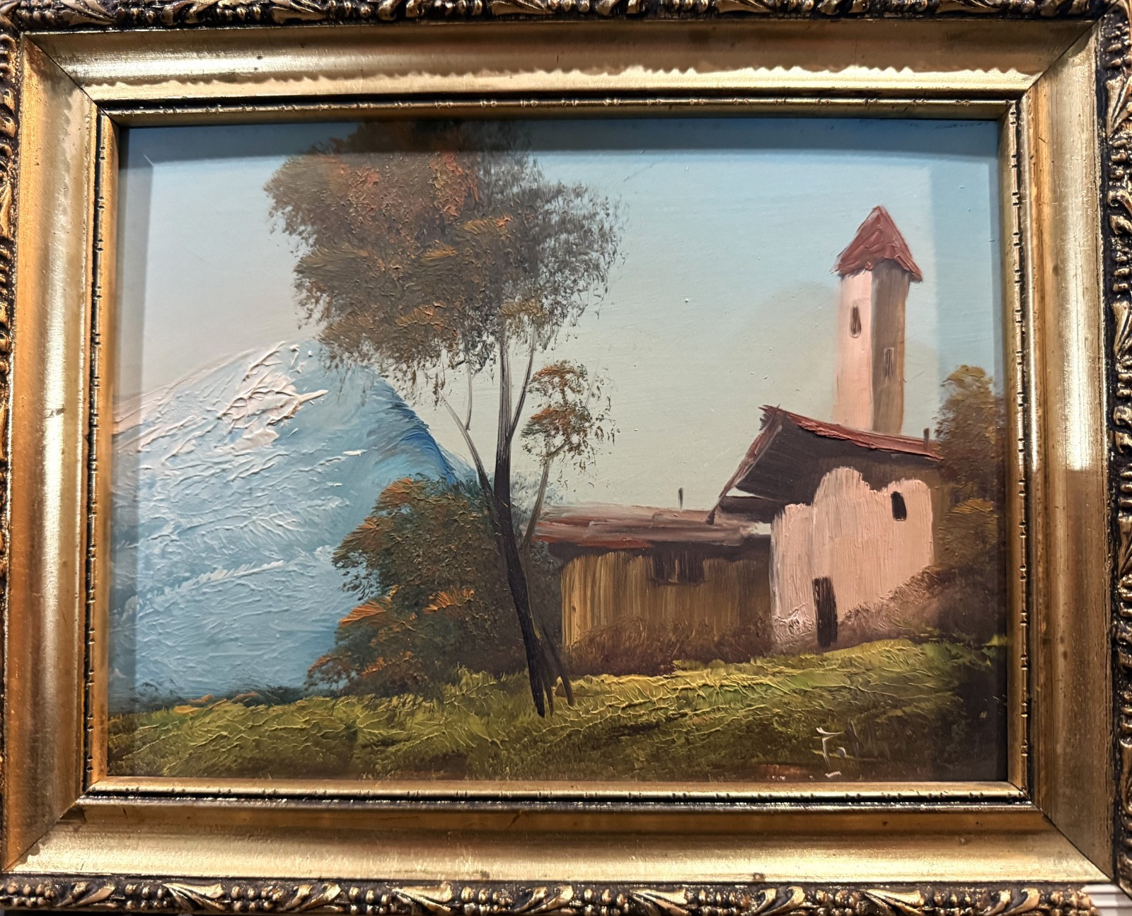 VTG Mid-20th C Italian Oil/Masonite «Mountain Landscape With Farmhouse», Signed!
