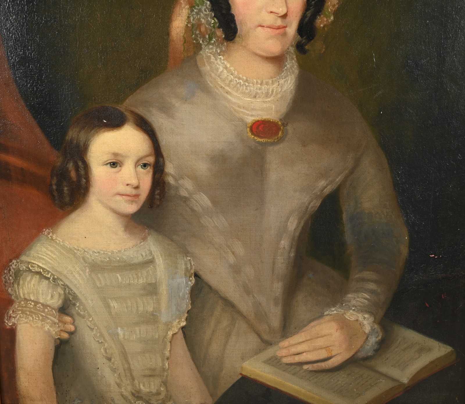 Naive Style Antique 19th Century Double Portrait Oil On Canvas Painting