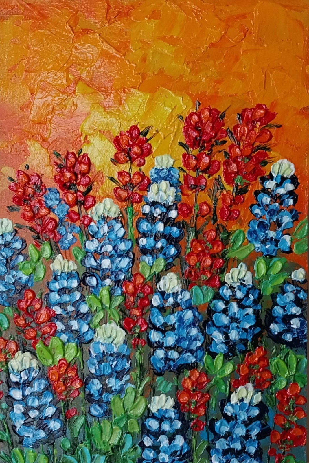 Framed Texas Bluebonnets Indian Brushes Art 4×6″ Impasto Oil Painting Original