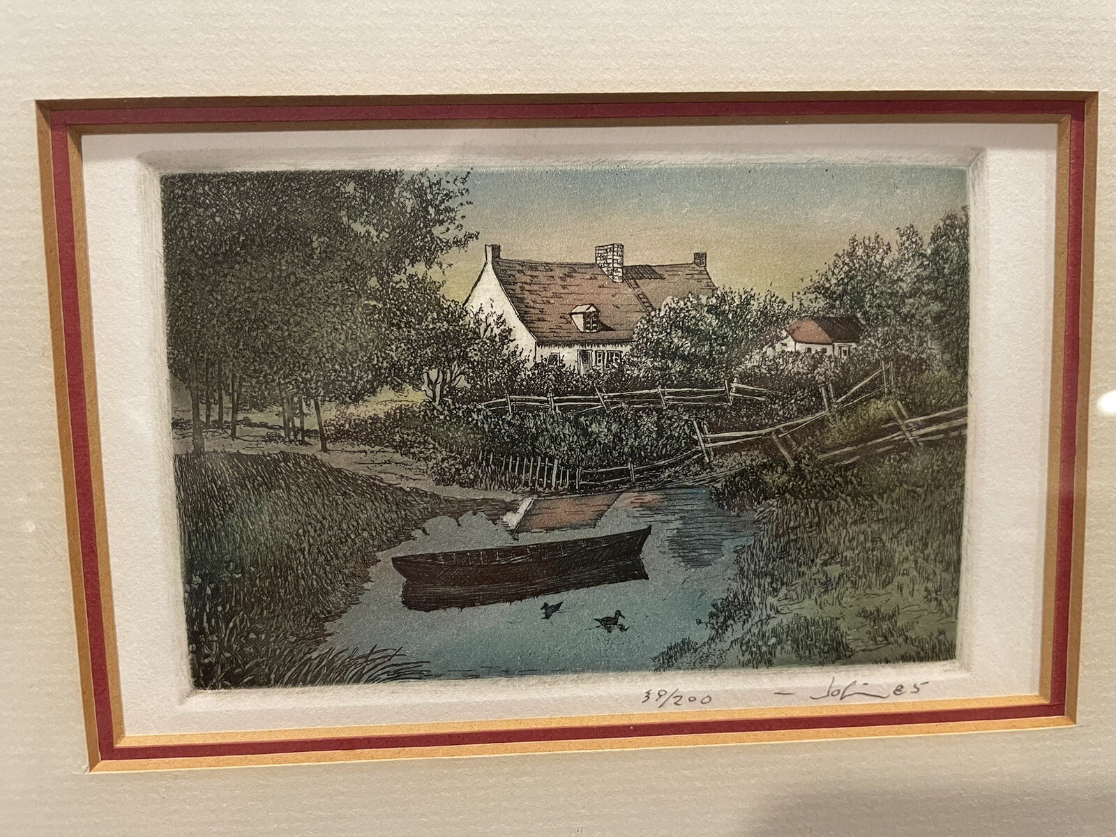 MAURICE JOBIN SIGNED AQUATINT ETCHING QUEBEC CANADA HAND COLORED Vintage