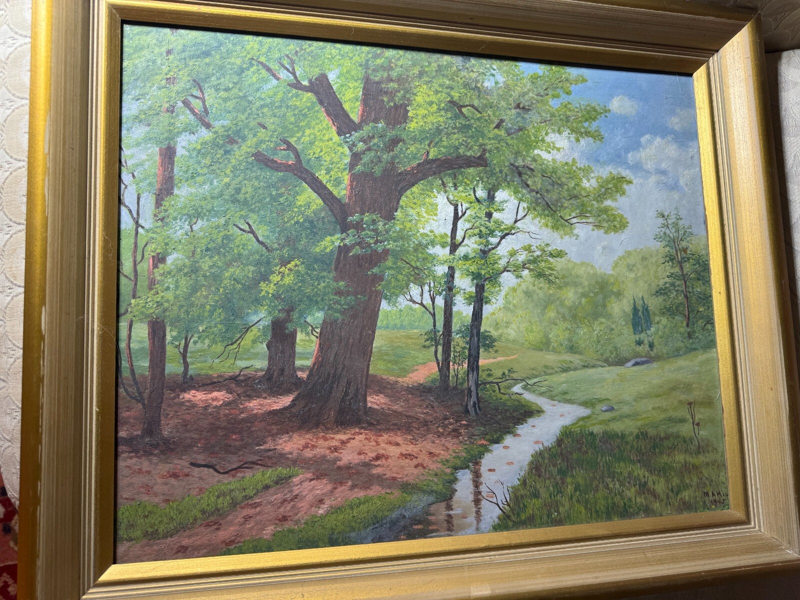 M.A High Jr. 1945 «Stream And Landscape Scene» Oil Painting – Signed And Framed