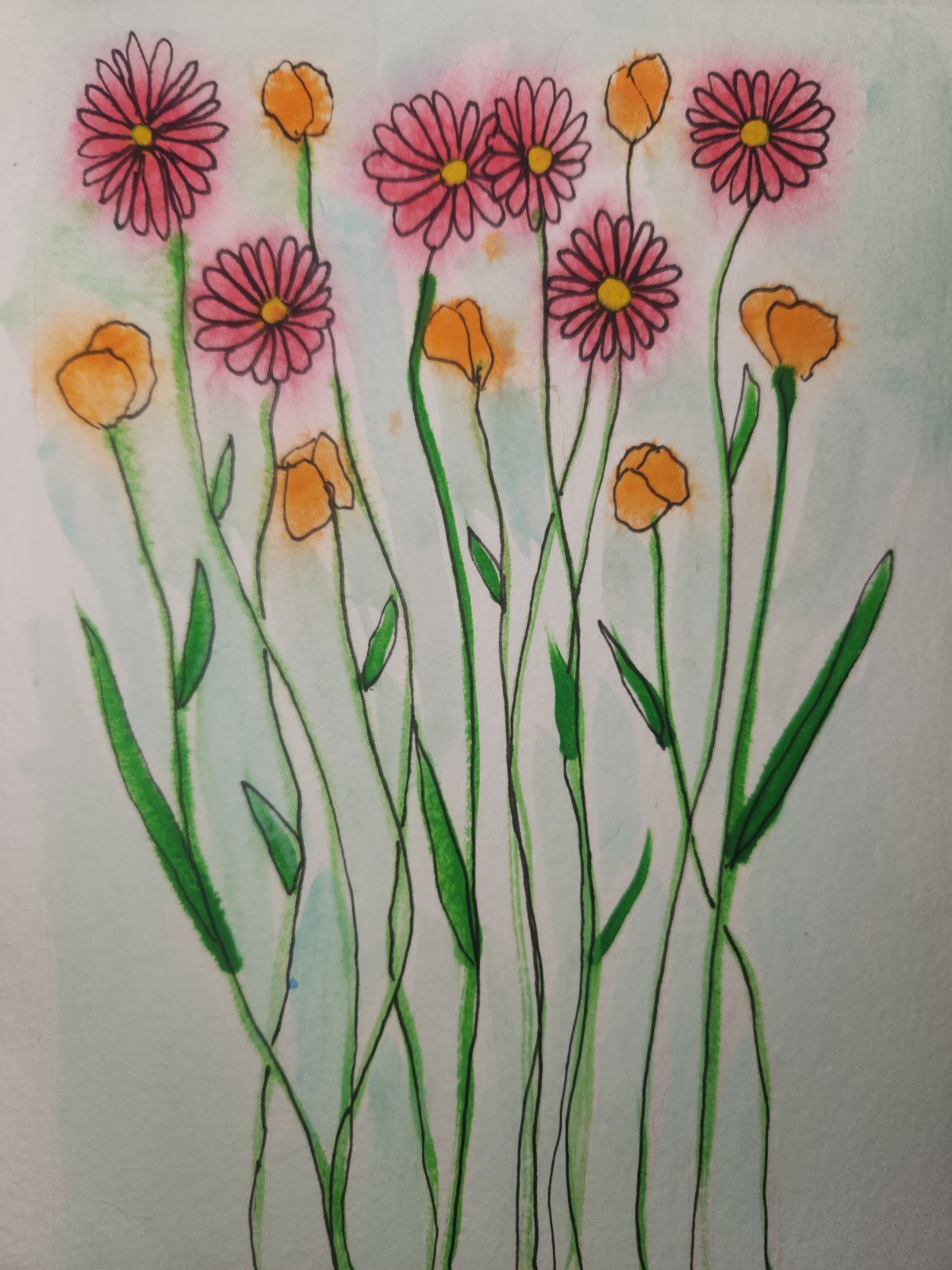 Zinnia & Half Dead Poppies- Original Watercolor Painting W Ink Details On Paper