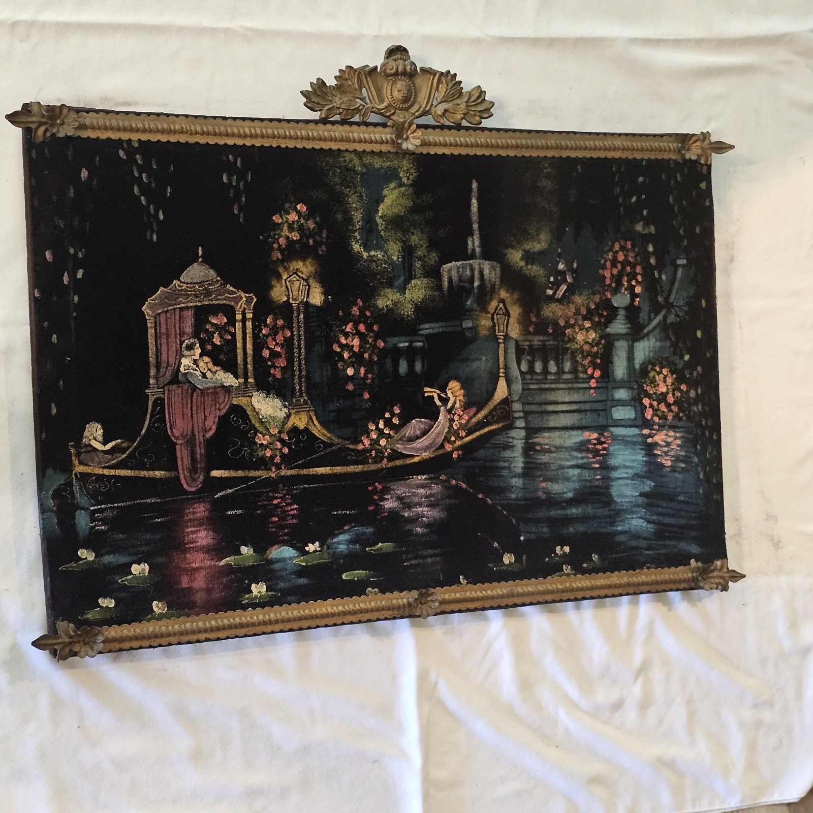 RARE MCM 1950s Art Deco Black Velvet Painting Metal Gold Split Frame 38×28