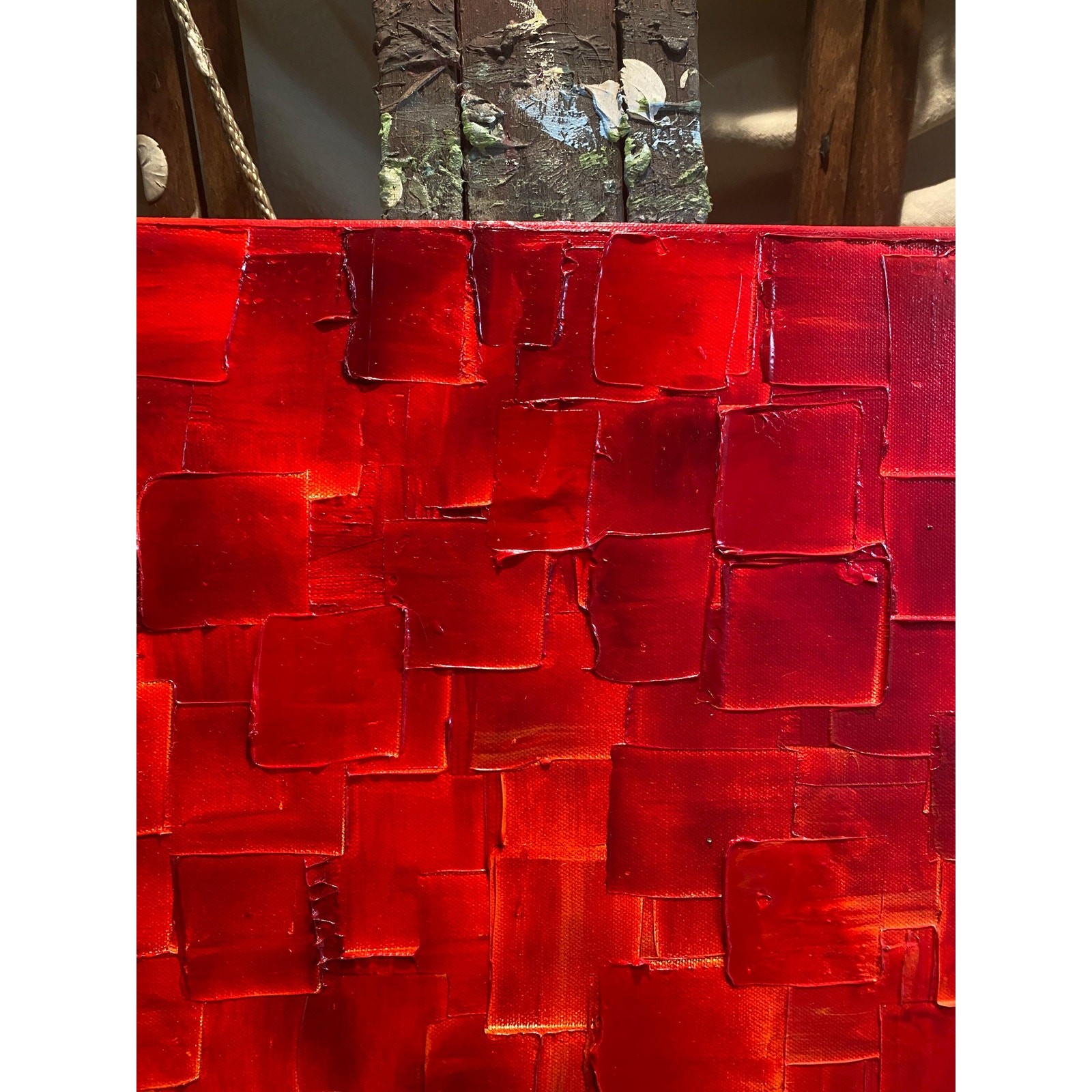 ORIGINAL Large Red Abstract painting, Squares, Geometric Textured Fine Art 48×24