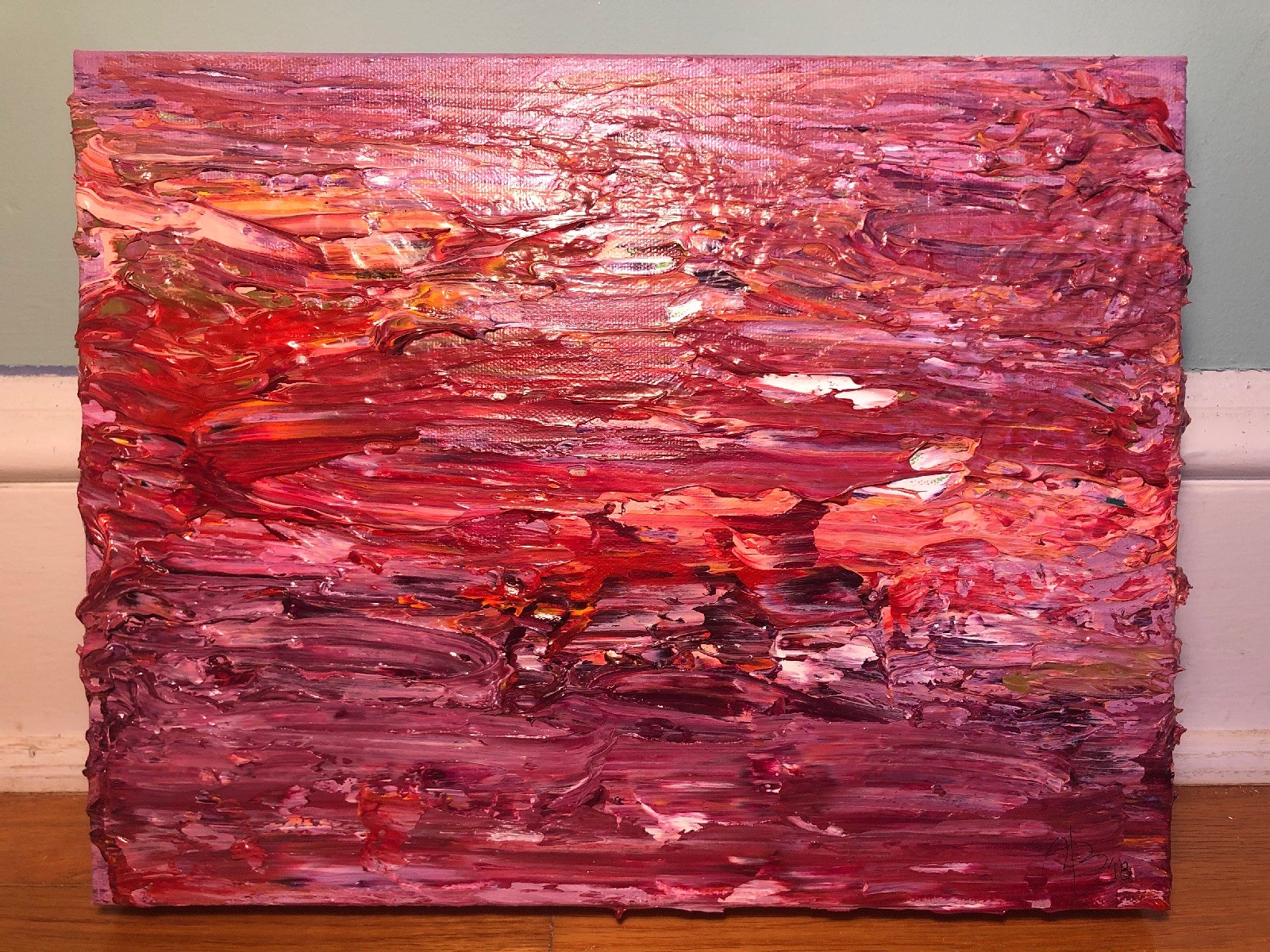 Original Acrylic Painting ATB Red Orange Purple Pink Texture 11 X 14 Canvas