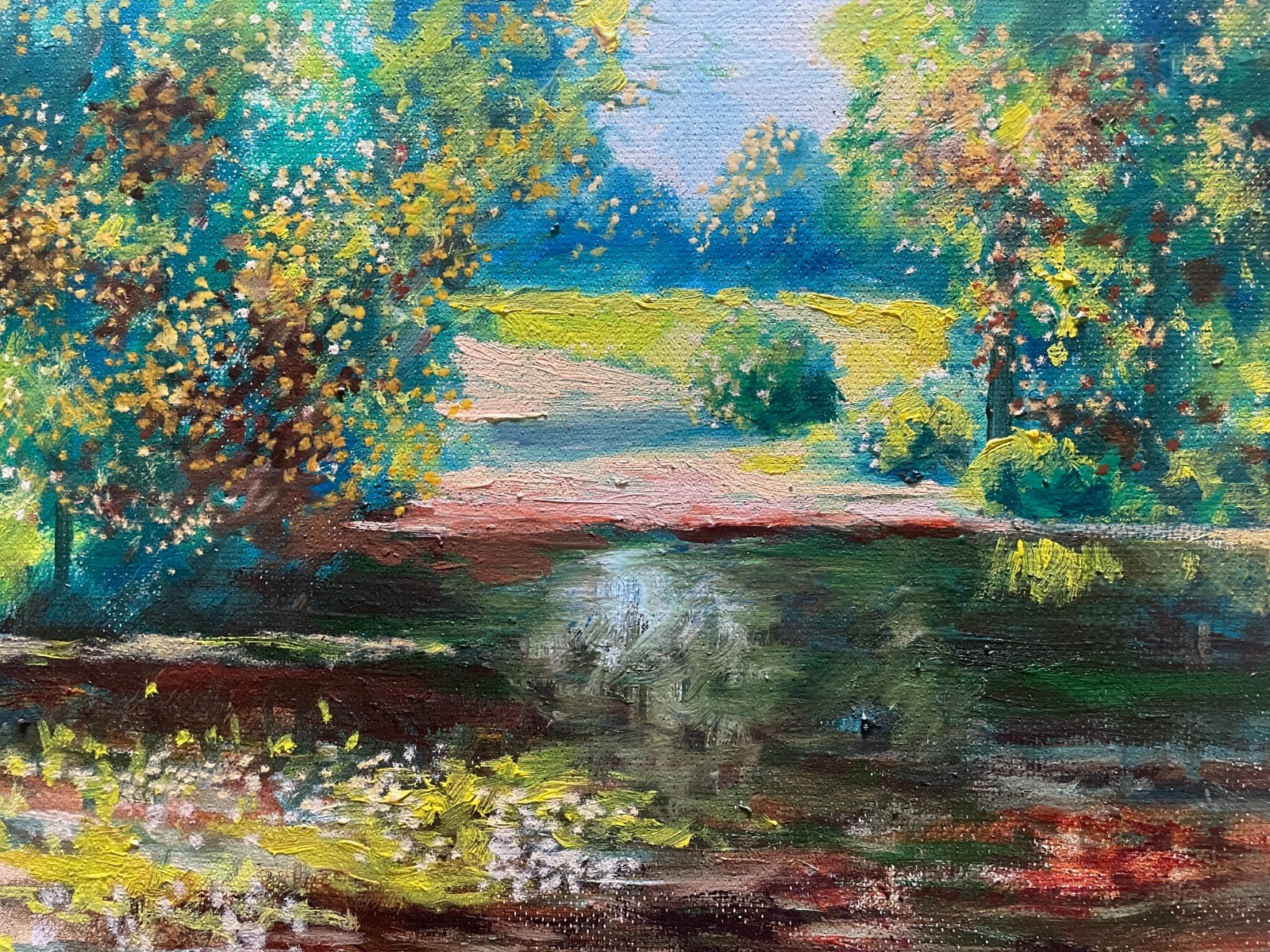 Sunlit Forest Pond Oil Painting Impressionist Landscape Original Art 12×16