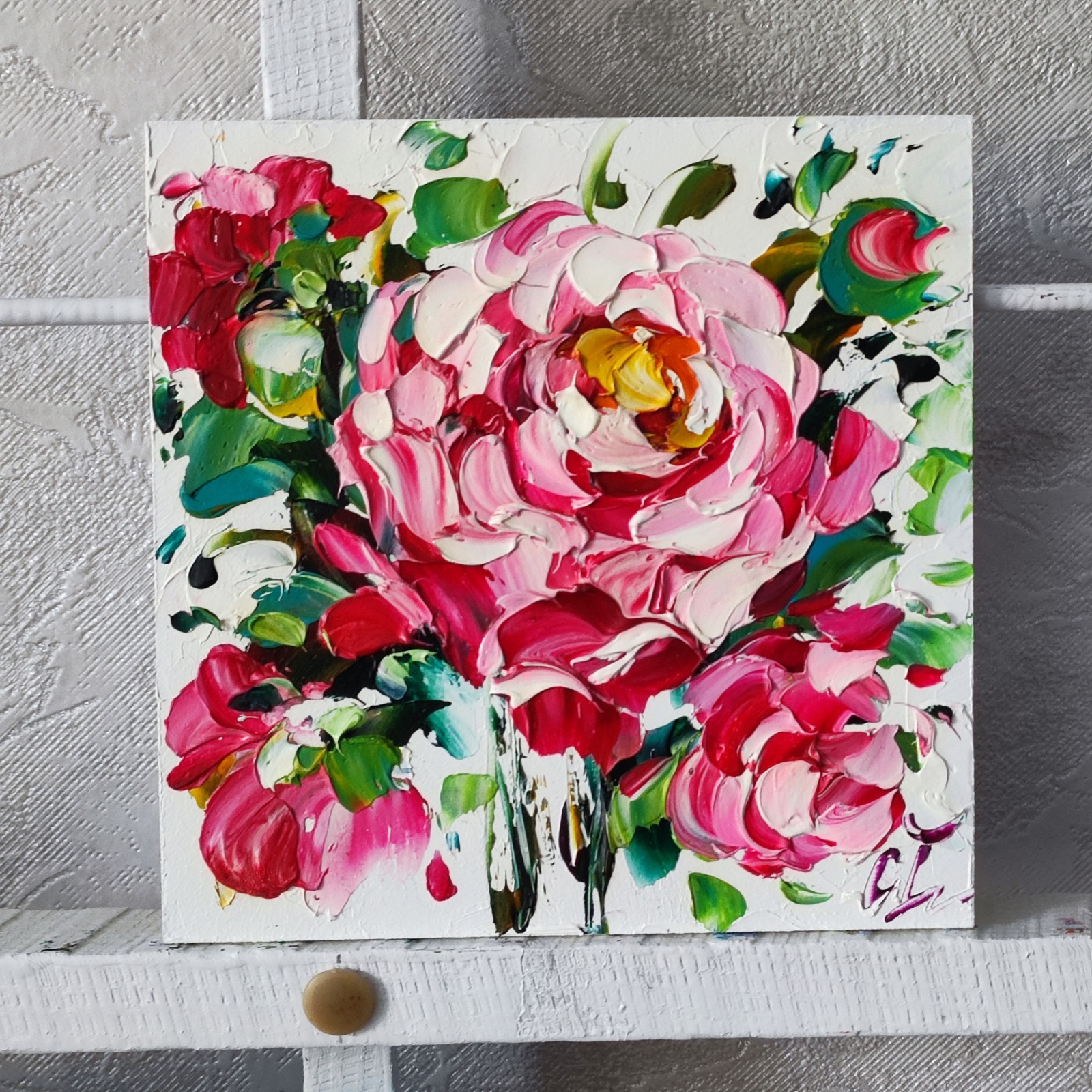 original oil painting Rose pink flowers artwork Floral small wall art 6*6 inch