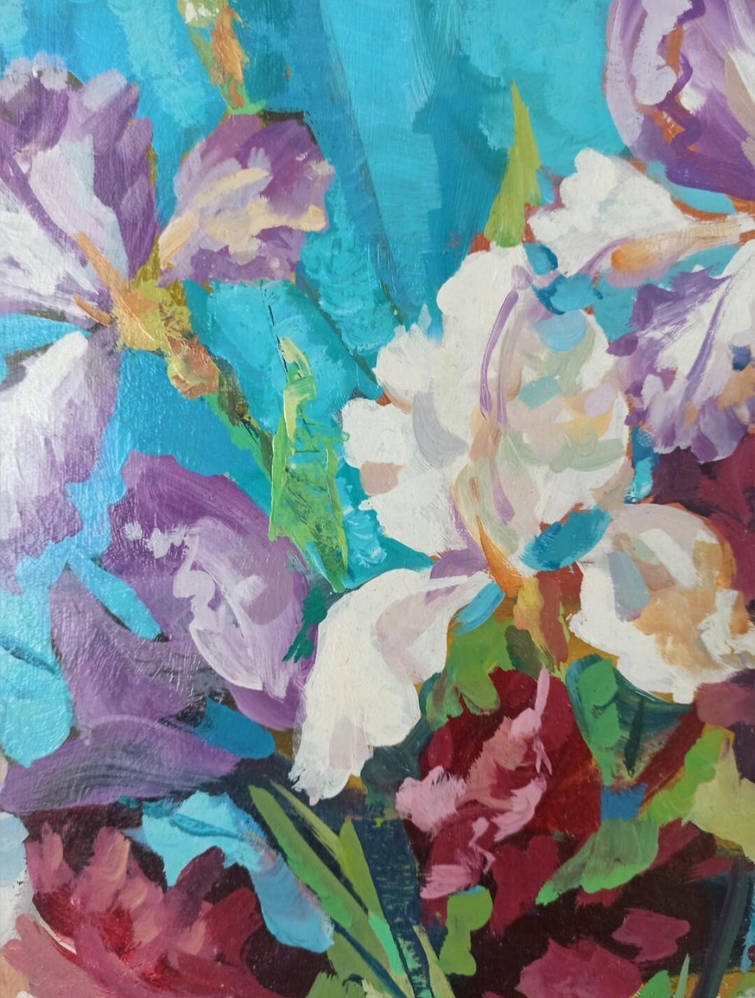 ORIGINAL Painting on canvas Bouquet of Irises Realism 19.68/15.74 inch