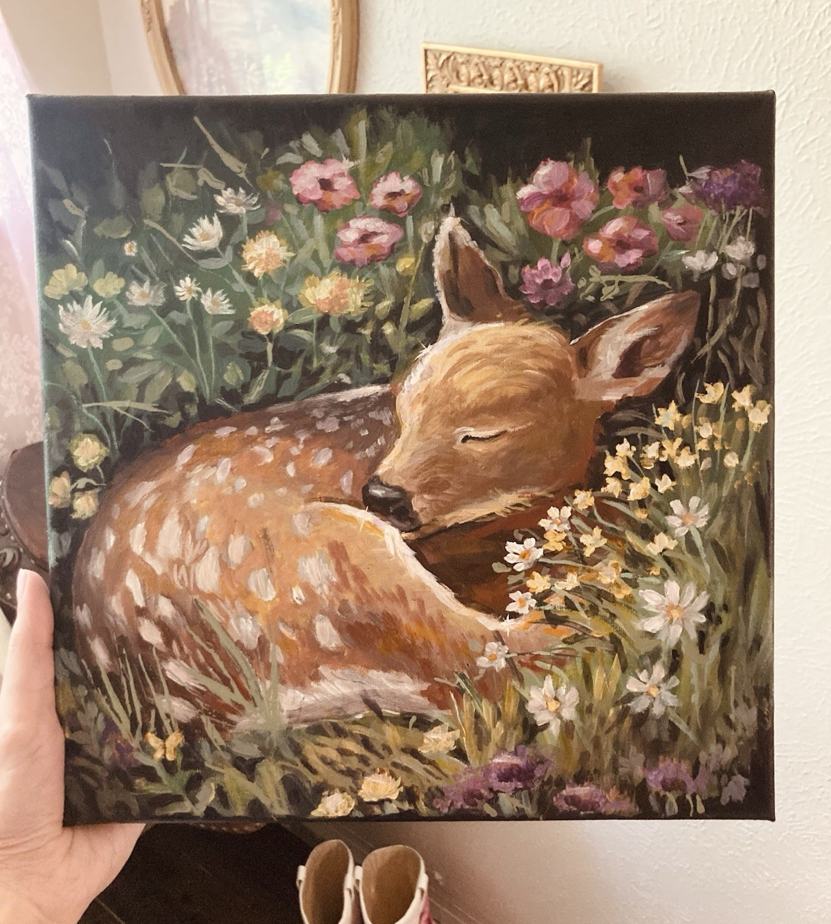 PastelCanvases Signed Original Sleeping Fawn Deer & Wildflowers Painting, 12×12