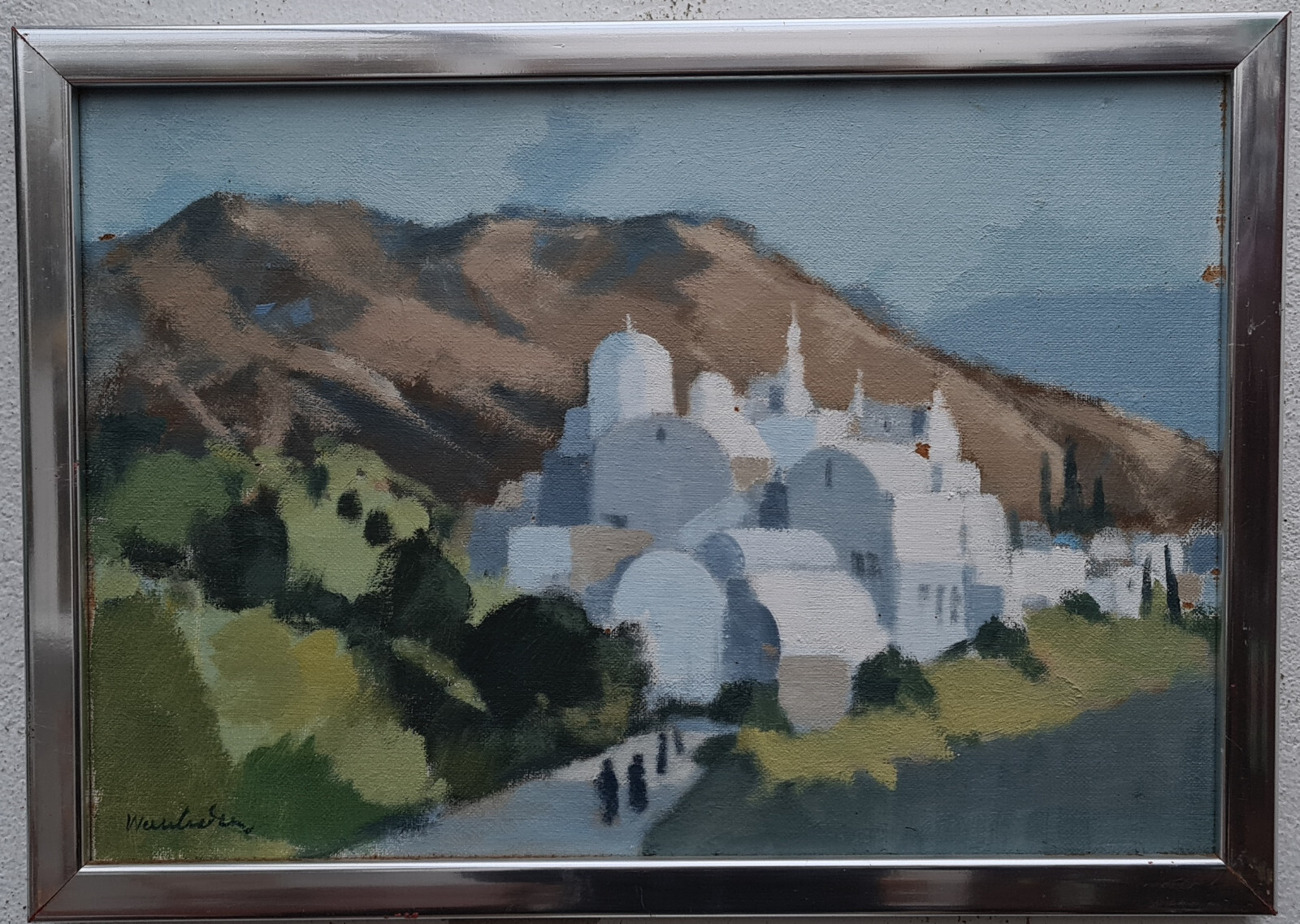 Ölgemälde Gemälde Oil Painting Meisterwerk Landschaft Stadt Menschen Berge