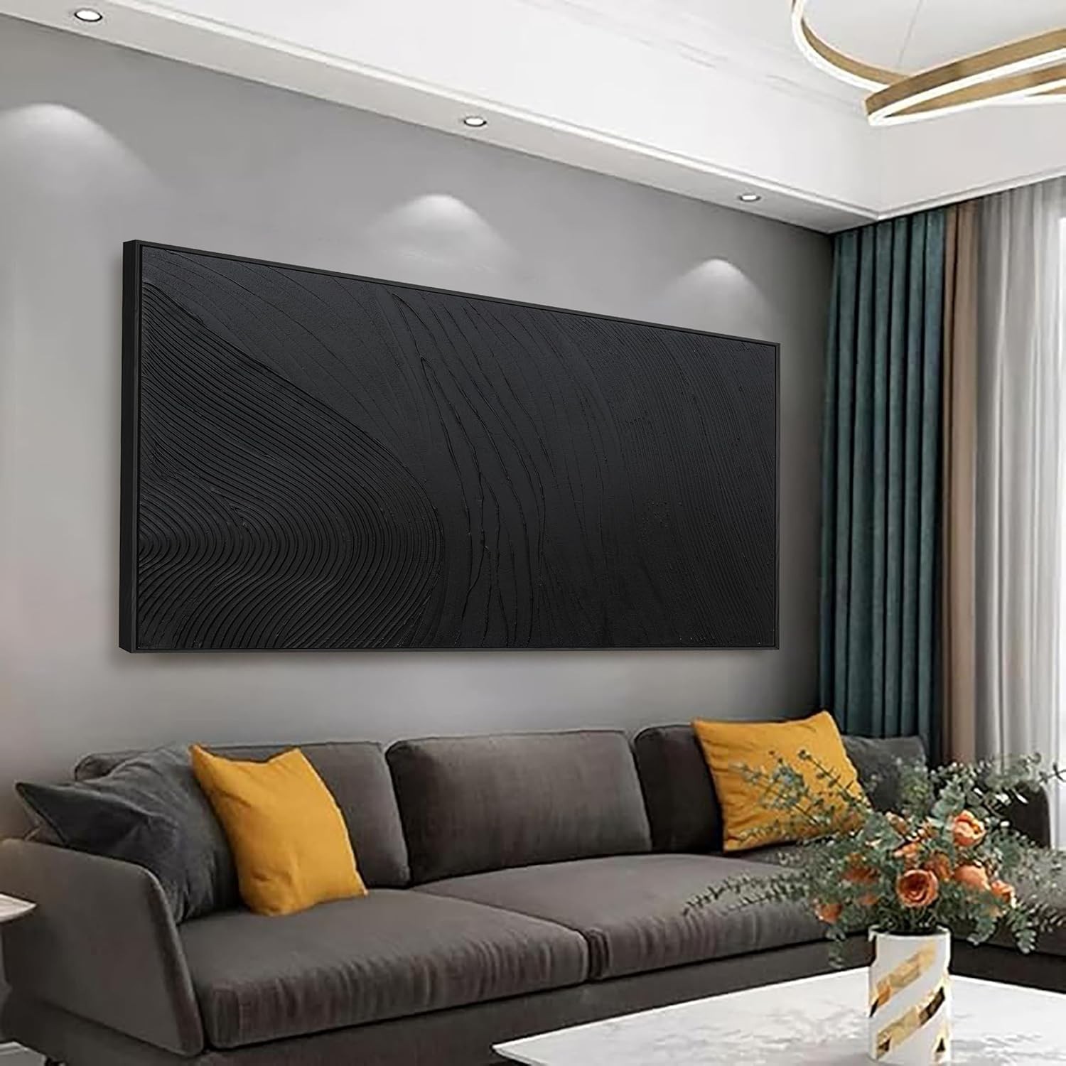 Contemporary Black Abstract Canvas Art – 29″x58″ Wall Hanging for Home Elegance