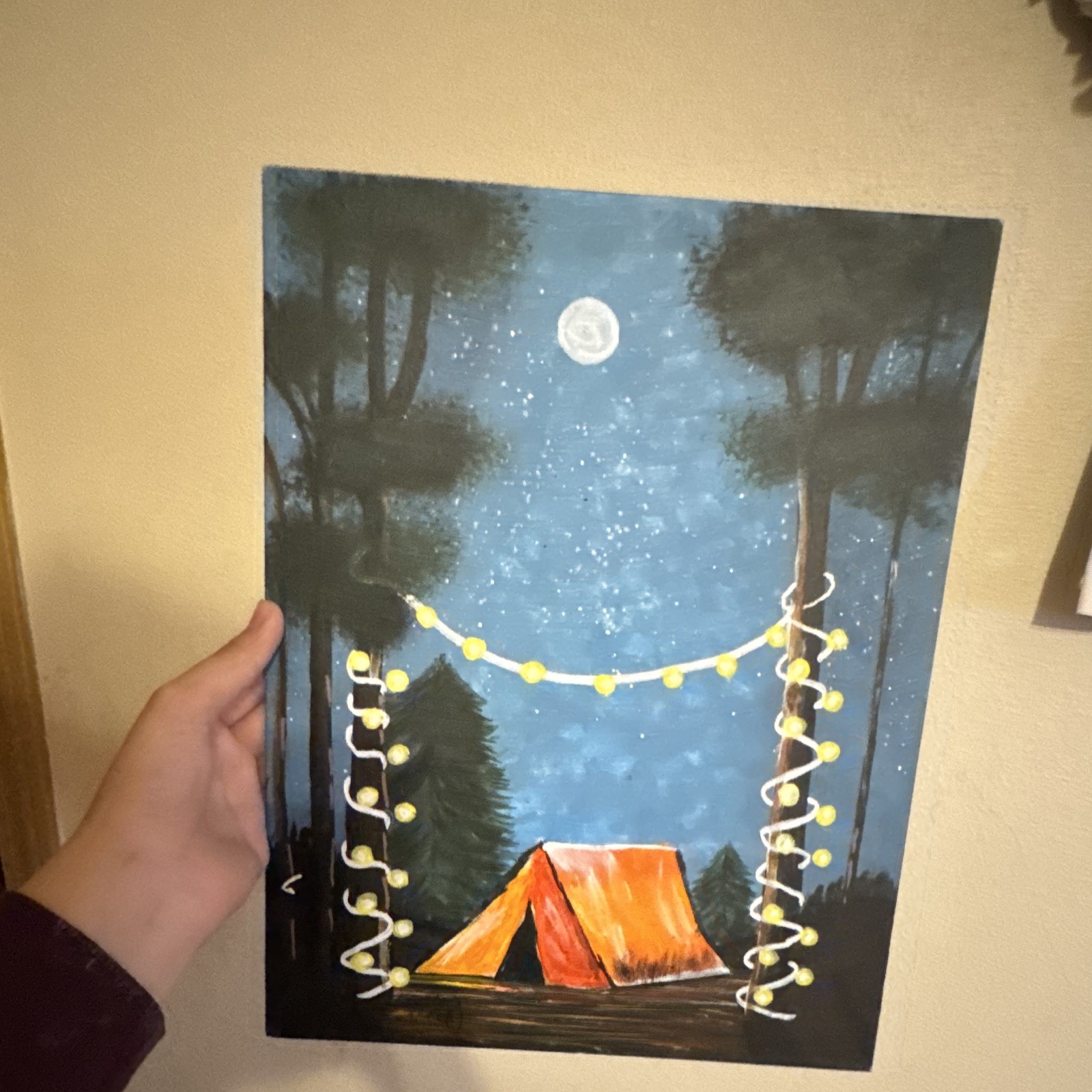 Camping Tent Moonlit Forest Night Sky String Lights Painting, Small Unframed