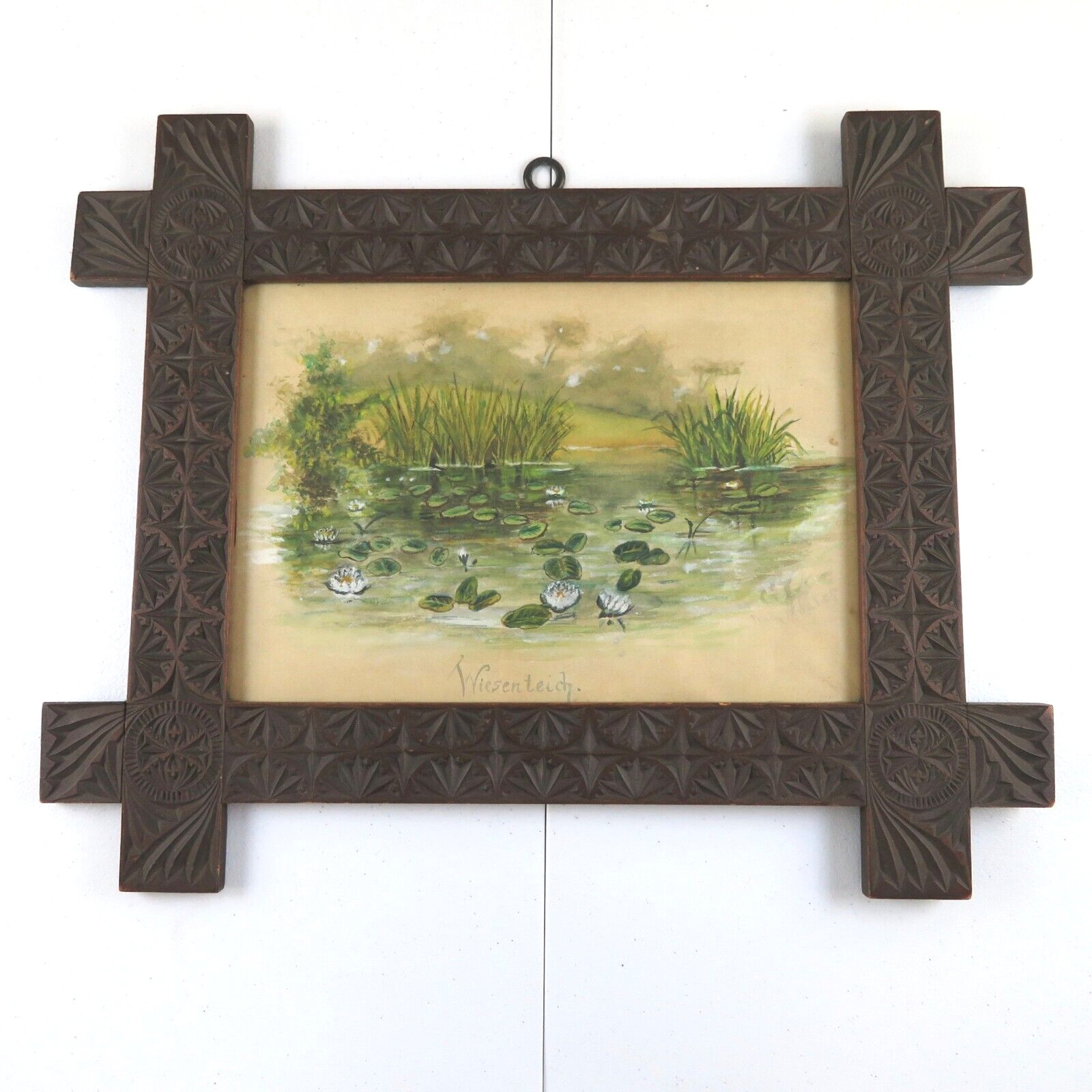 Antique Watercolor Lily Pads Wiesenteich Germany OOAK Frisian Chip Carved Frame