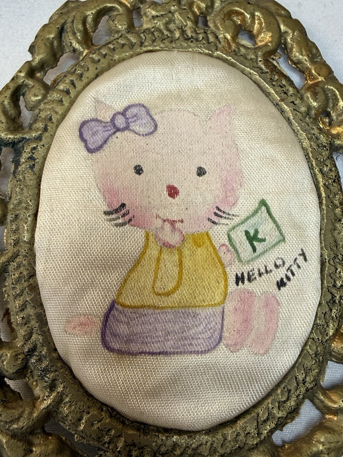 Vintage Hello Kitty Hand-Panted In Silk Fabric On Ornate Brass Frames