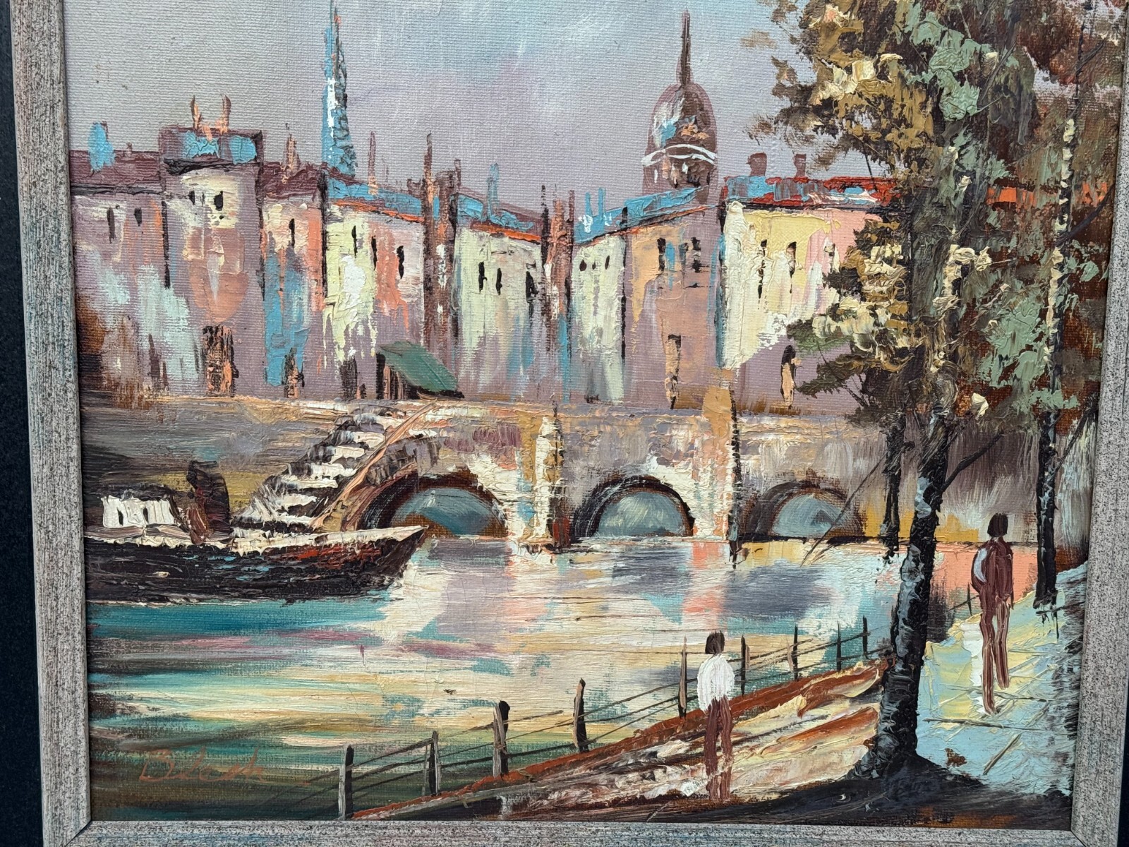 BLECK SIGNED PARIS FRANCE OIL PAINTING CITISCAPE RIVER SEINE WALKING FIGURES ART