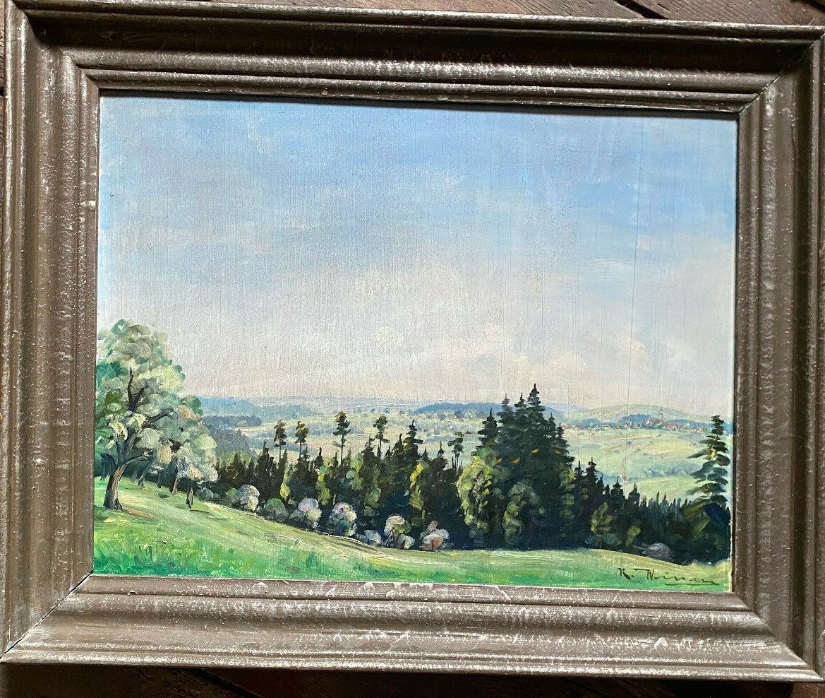 Oil painting illegibly signed °Frame R. WE.. ? Blossom on the slope spring