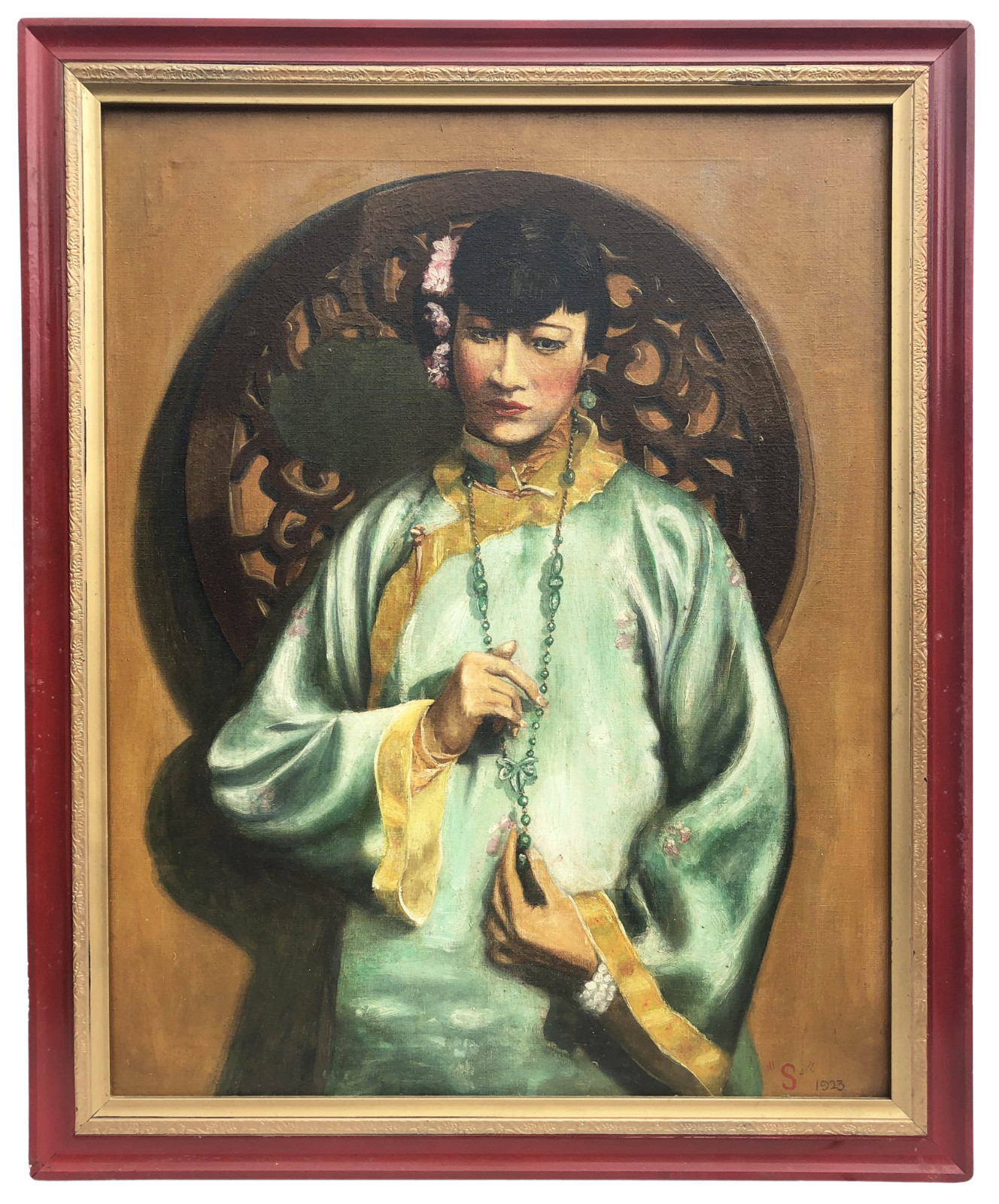 Antique 1923 Portrait Asian Woman Oil Painting Art Deco Orientalist Signed S Fra