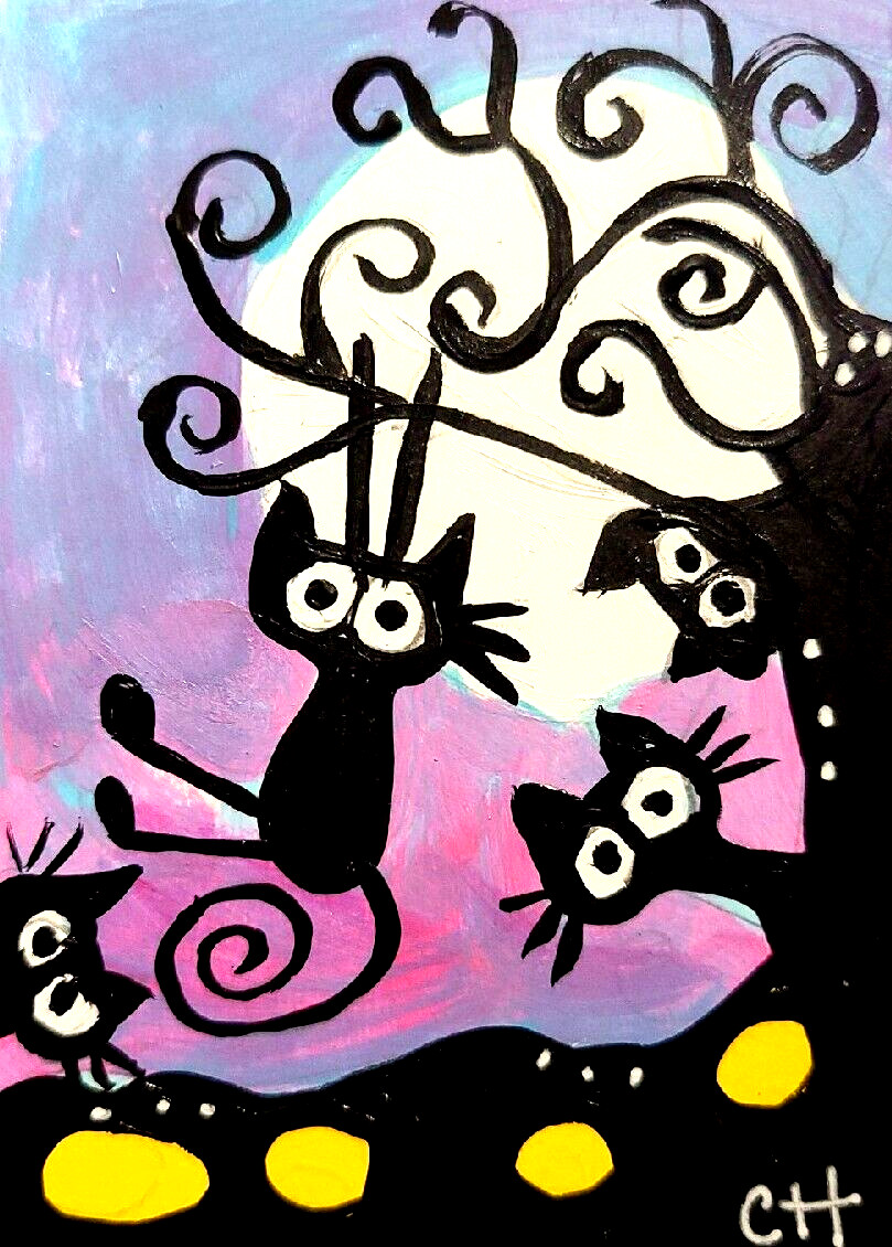 ACEO ORIGINAL CAT SWINGING IN THE MOONLIGHT Acrylic & GouachePAINTING NEW