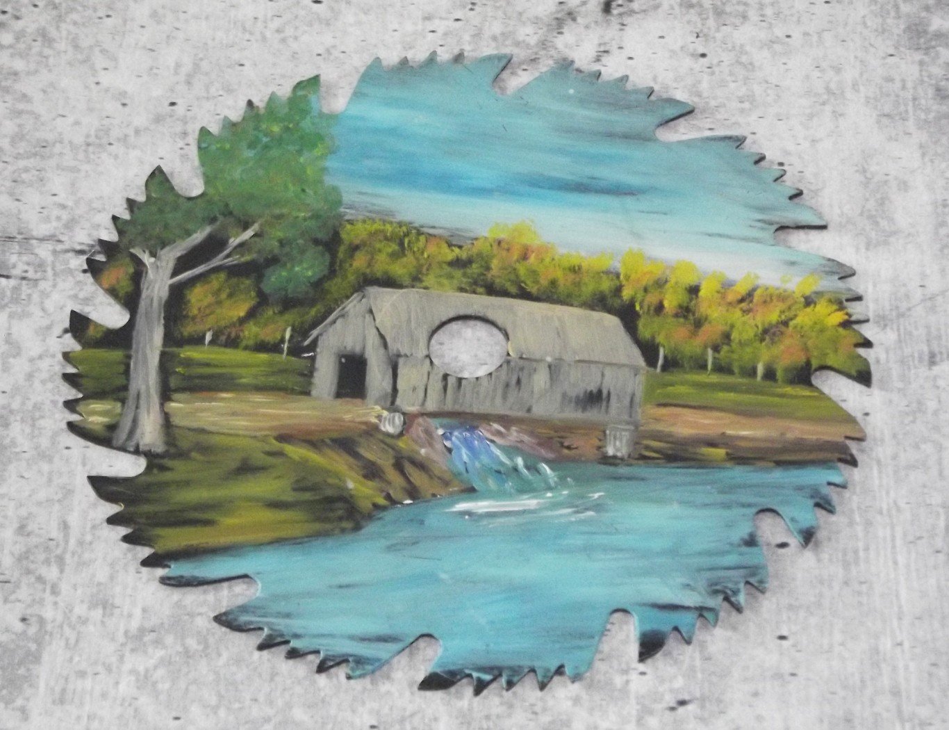 River Mill House Landscape Scene Painting on 6.5″ Saw Blade Vintage EB25