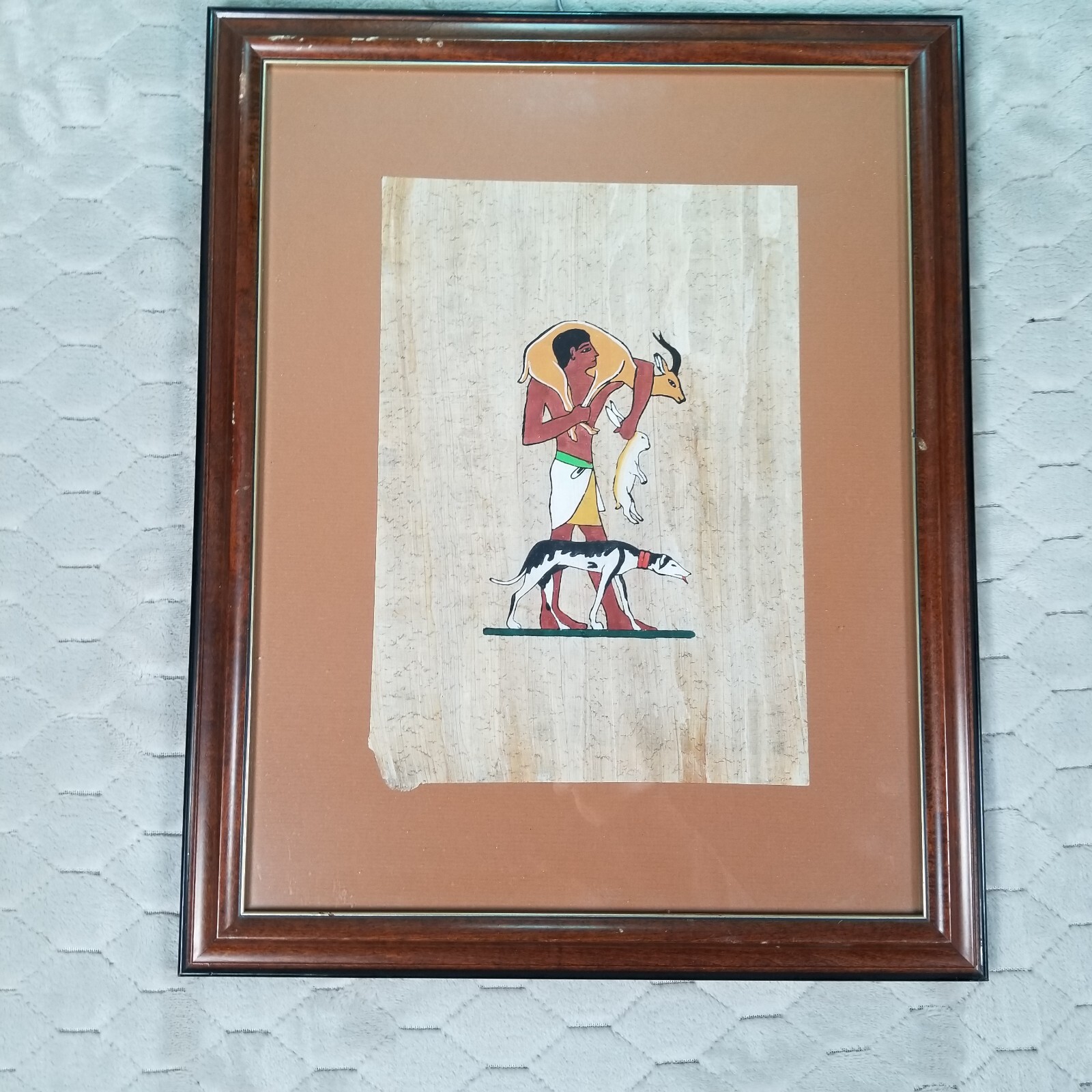 VTG Authentic Papyrus Hand Painted Egyptian Hunter Rabbit Antelope FRAMED