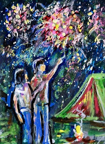 ORIGINAL ACEO Painting CAMPING Tent PEOPLE Fire Fireworks Night Stars ATC ART