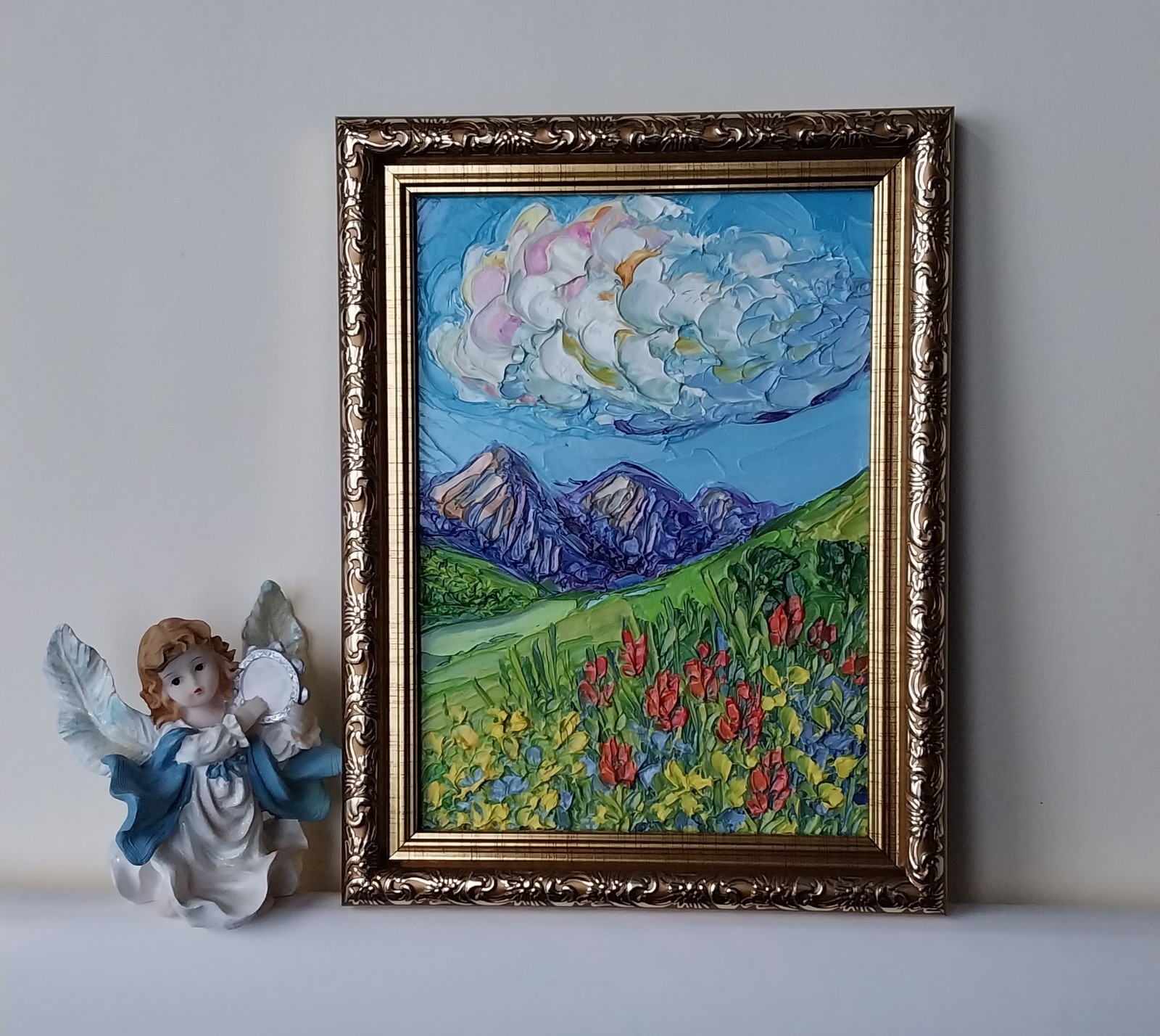 Framed Rocky Mountain Red Flowers Landscape 5×7” Impasto Oil Painting Original
