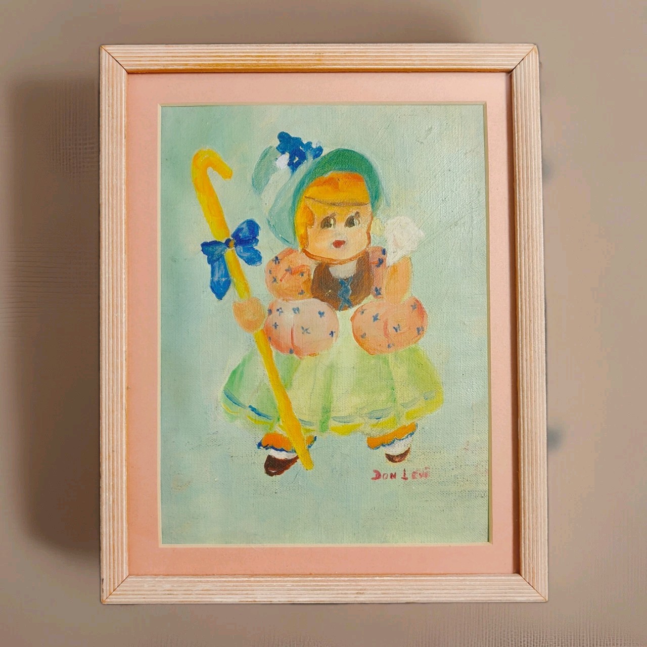 Little Bo Peep Painting In Pink Wooden Frame Artist Signed Kitschy 9.5×7.5 Sweet