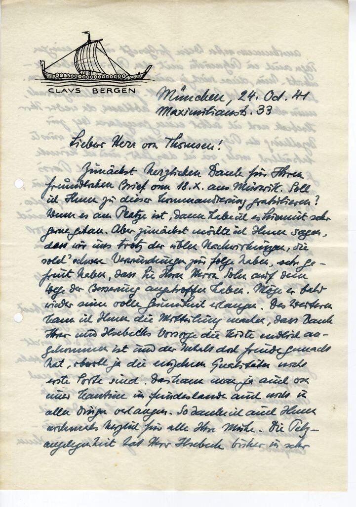 44917 – Claus Bergen. 2 drawings on letterheads and 3 personal letters.