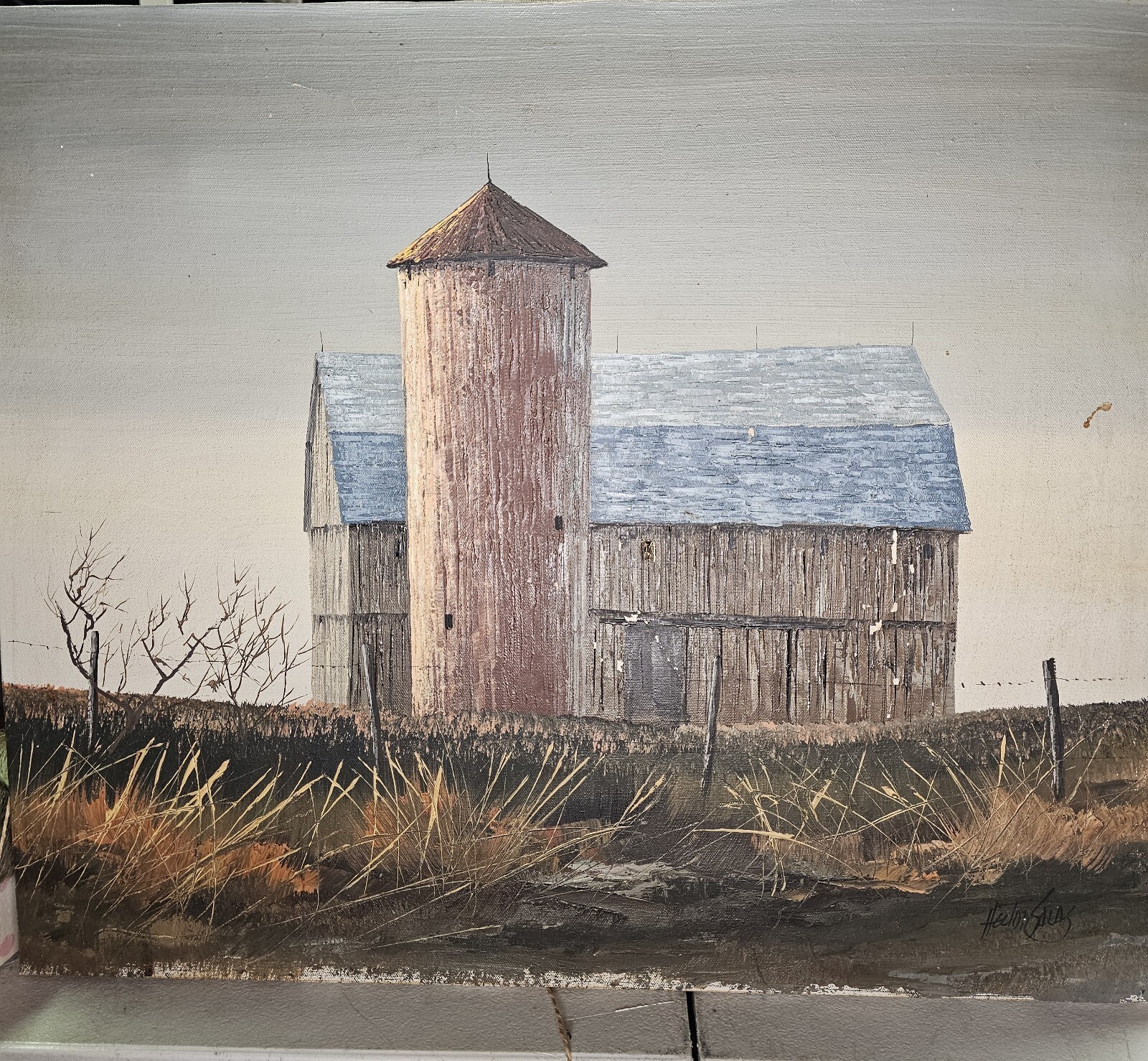 Vintage Barnscape oil painting on canvas, Signed Hector Salas