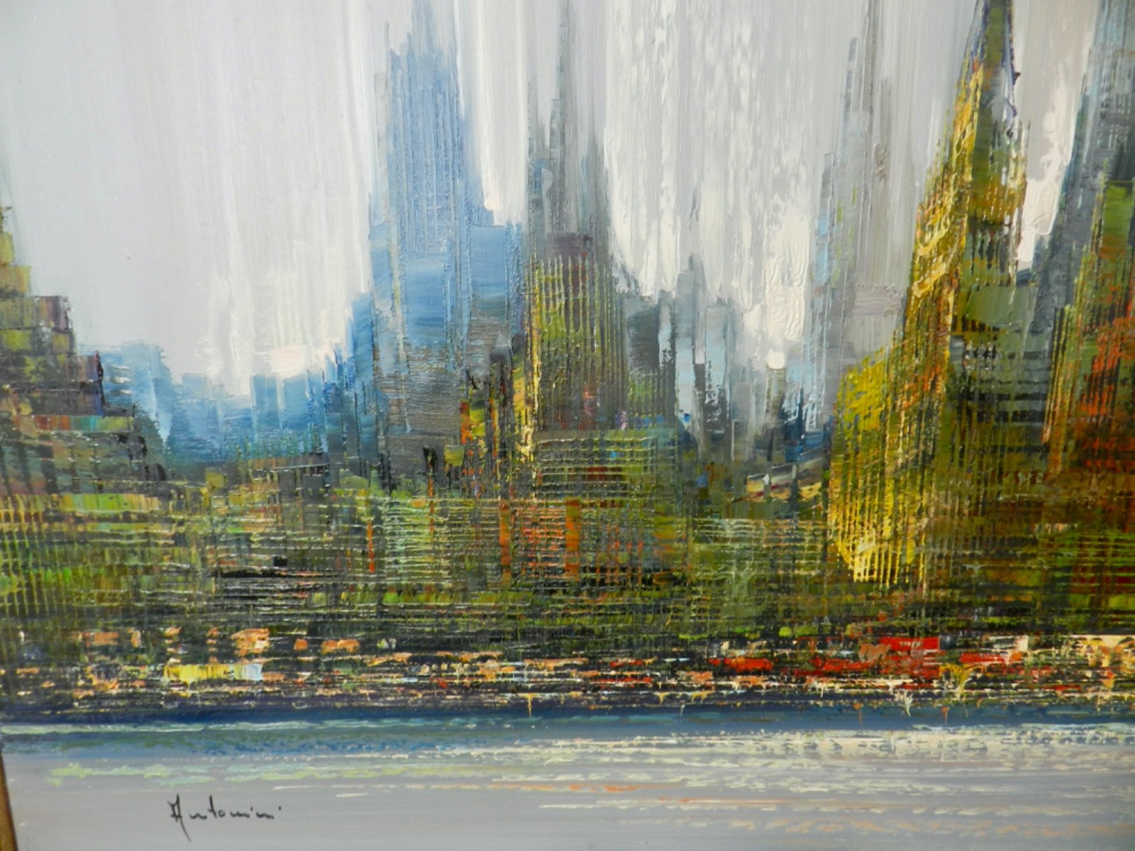 Vintage ANTONINI Signed Surreal Abstract City Oil Painting Mich. 1960’s Murder