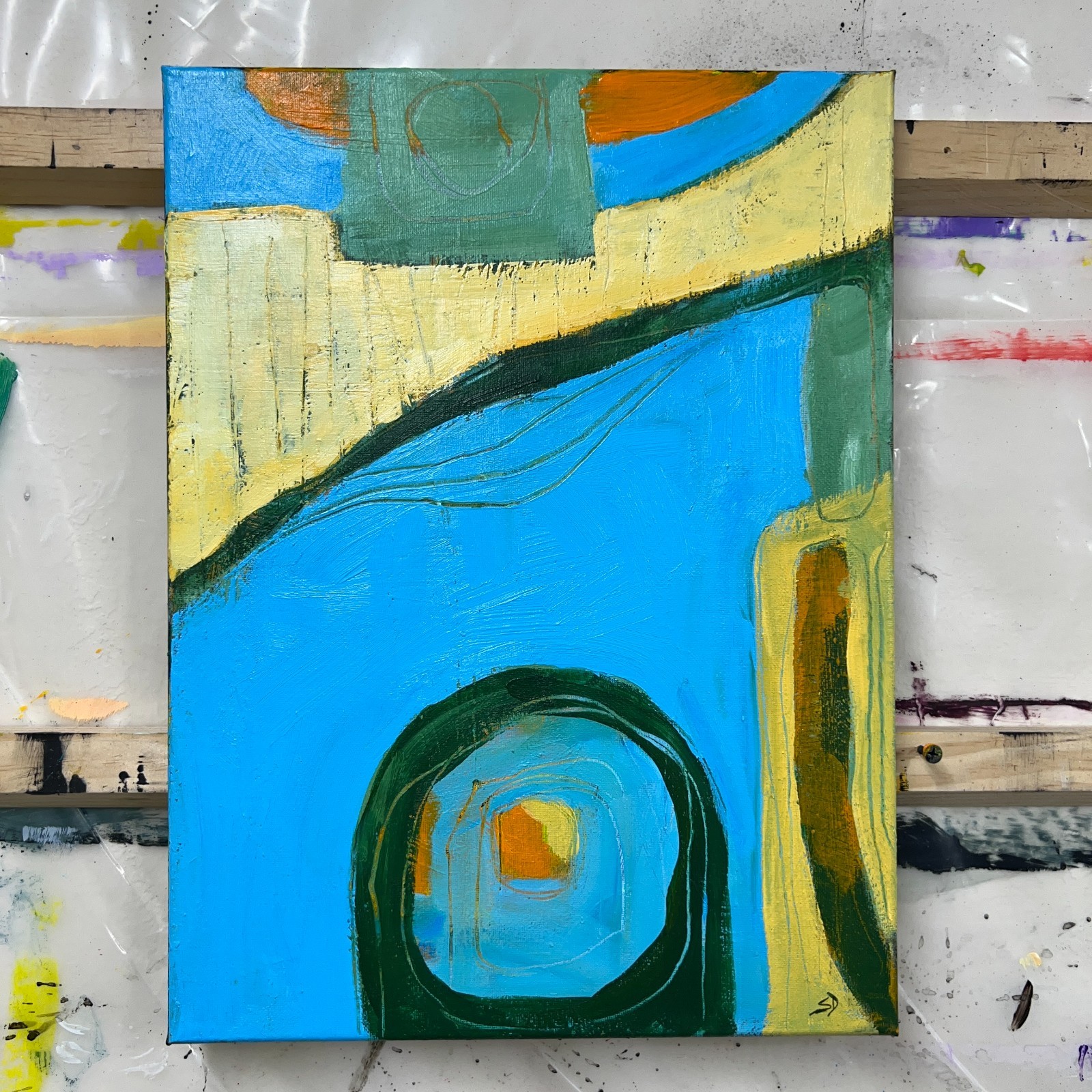Modern Abstract Expressionist Painting Green Blue Yellow | 12×16 Art On Canvas
