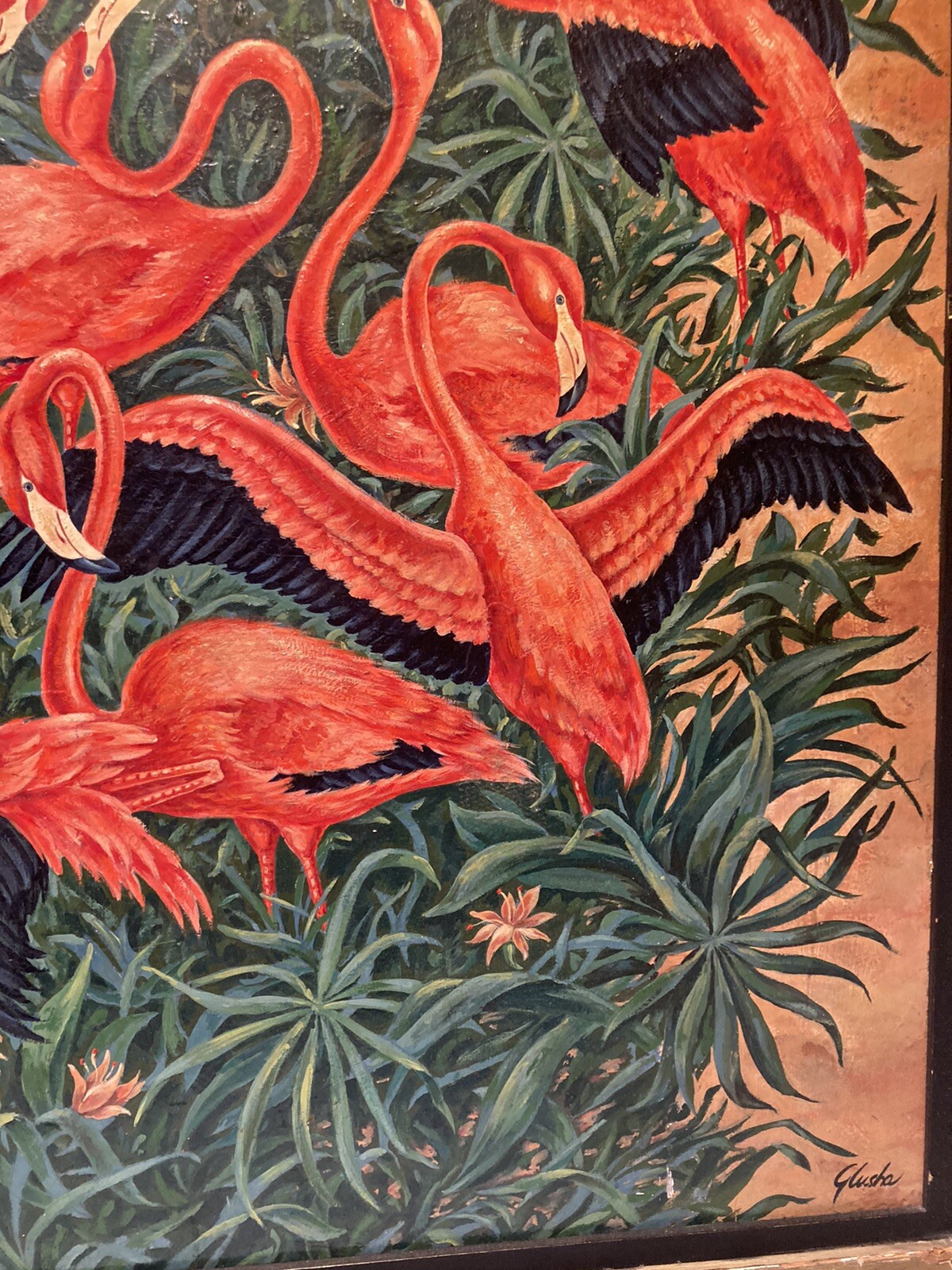 SIGNED MID CENTURY ABSTRACT MODERNISM FLORIDA FLAMINGOS ILLUSTRATION PAINTING