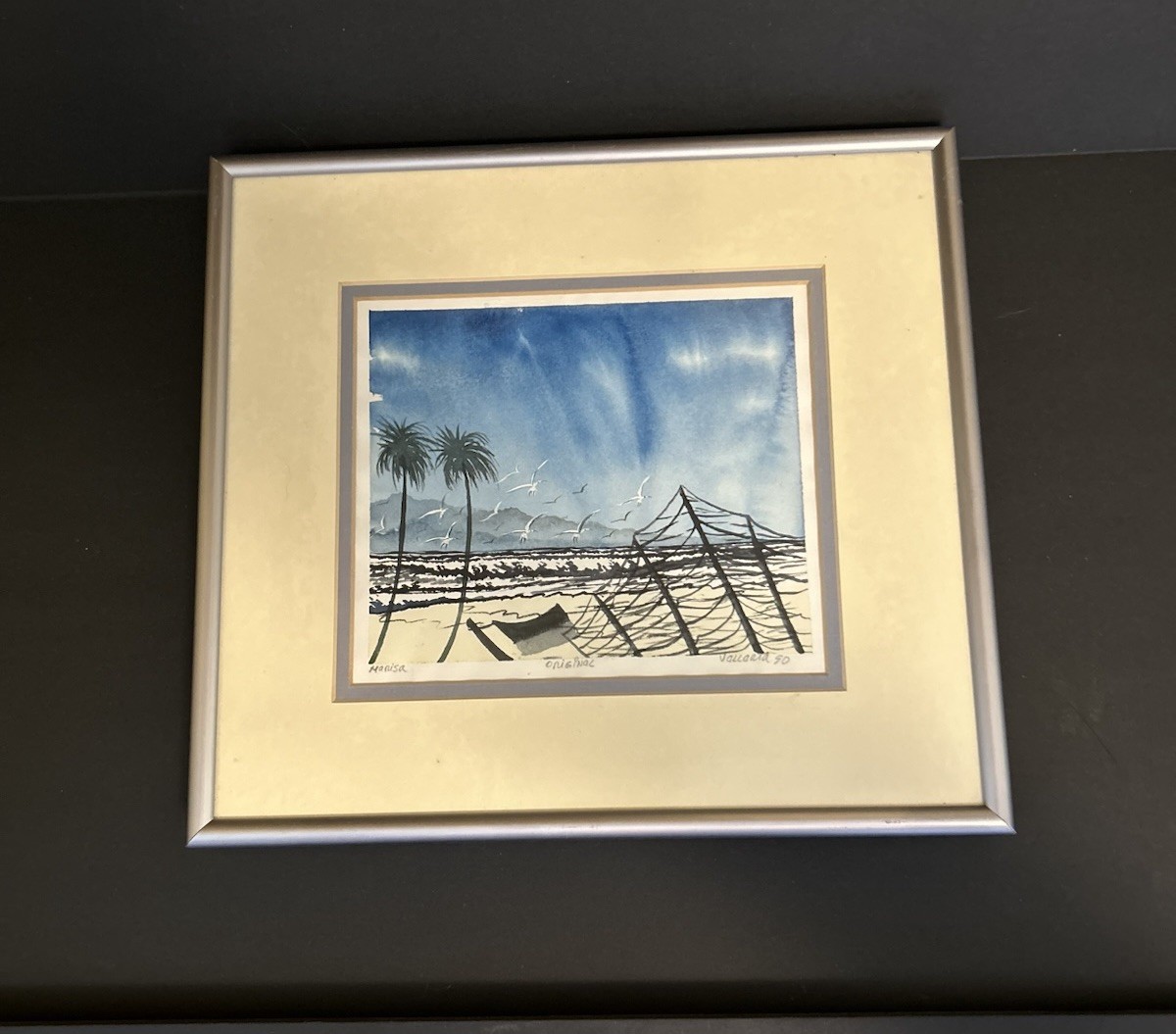 Beachfront Watercolor Painting Palms Seagulls Original Manisa By Vallaria 1990