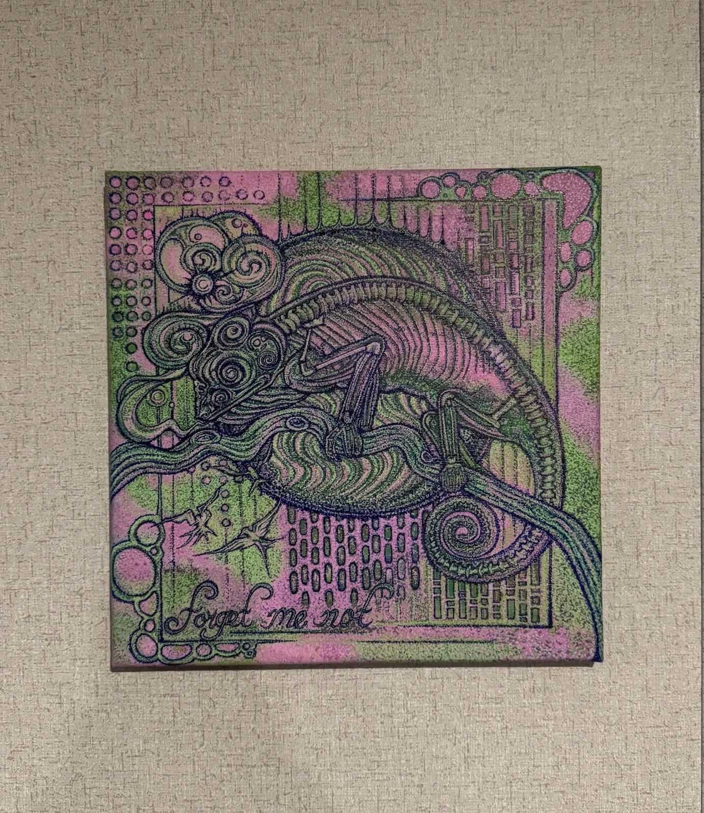 Hand-Stippled Chameleon Painting – “Forget Me Not” | Original Acrylic Art
