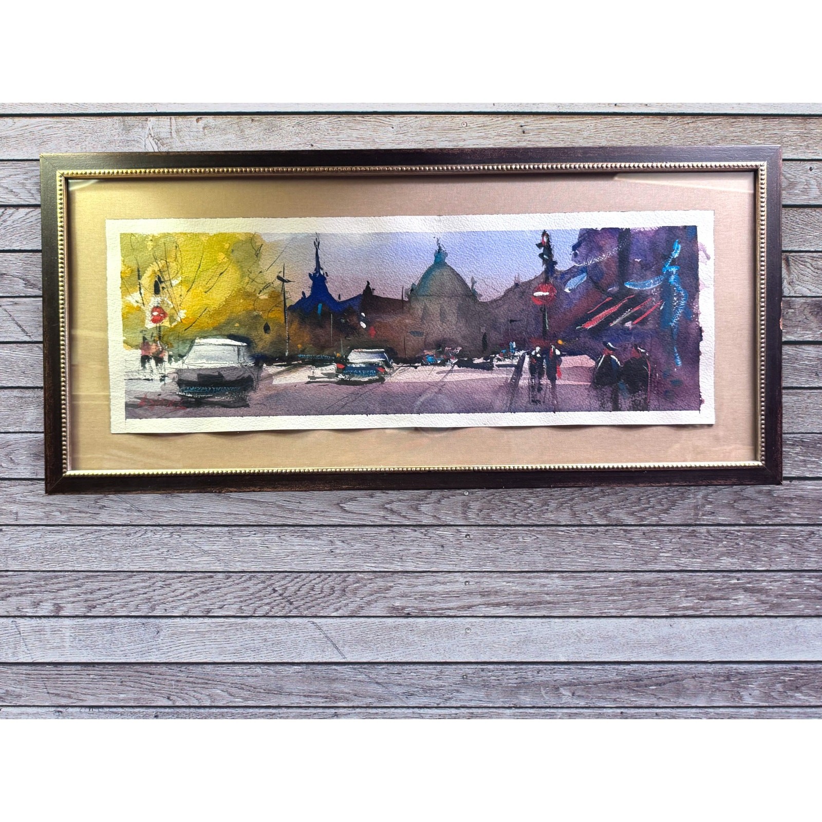 Original Pio Lyons Watercolor City Street Scene – Urban Landscape – Framed