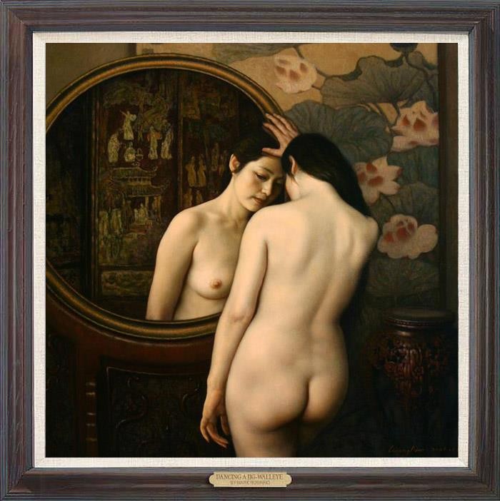 Original Chinese Nude Woman Looking in Mirror Female Oil Painting Portrait Art