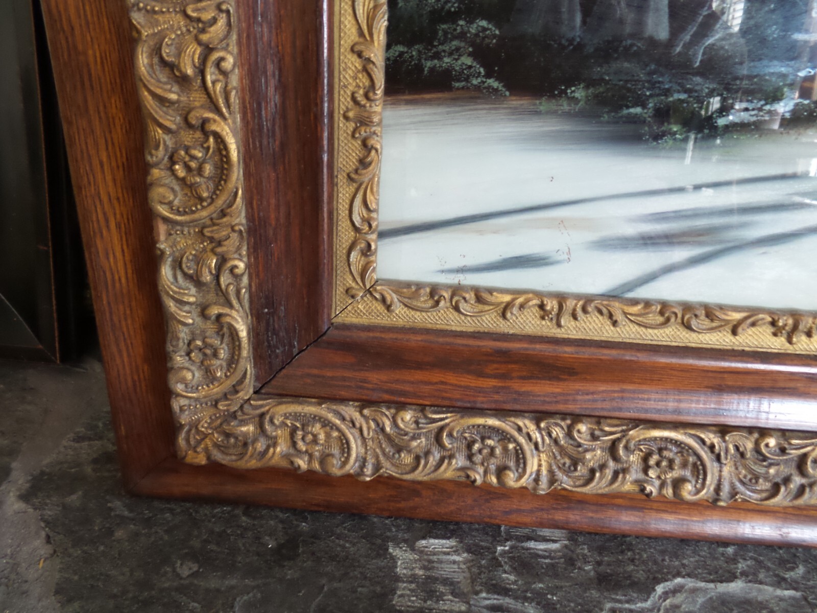 ANTIQUE SNOW SCENE REVERSE PAINTING FRAMED IN ANTIQUE WOOD GESSO FRAME