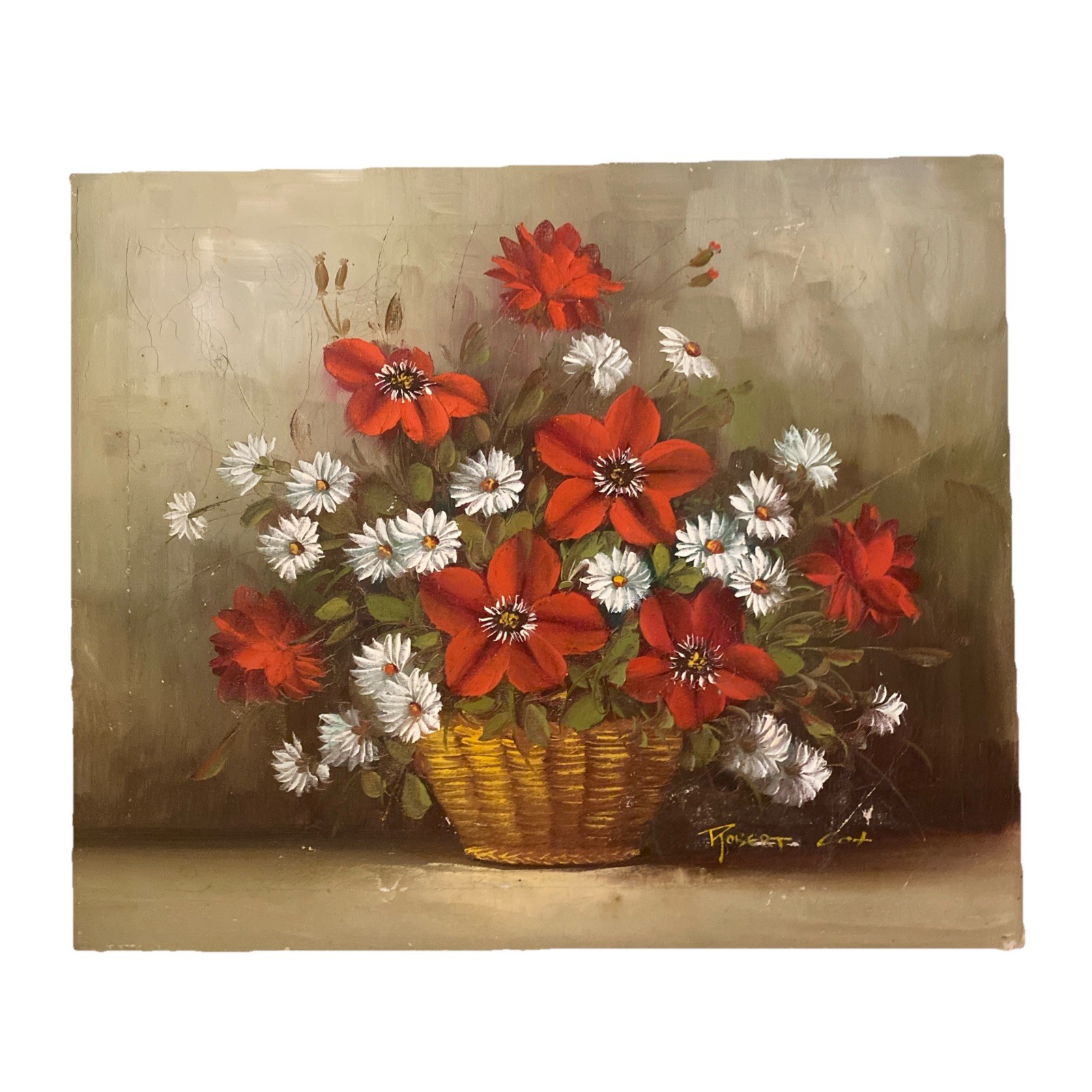 Vtg Signed Robert Cox Oil on Canvas Red Floral Daisies Still Life 24” X 20”