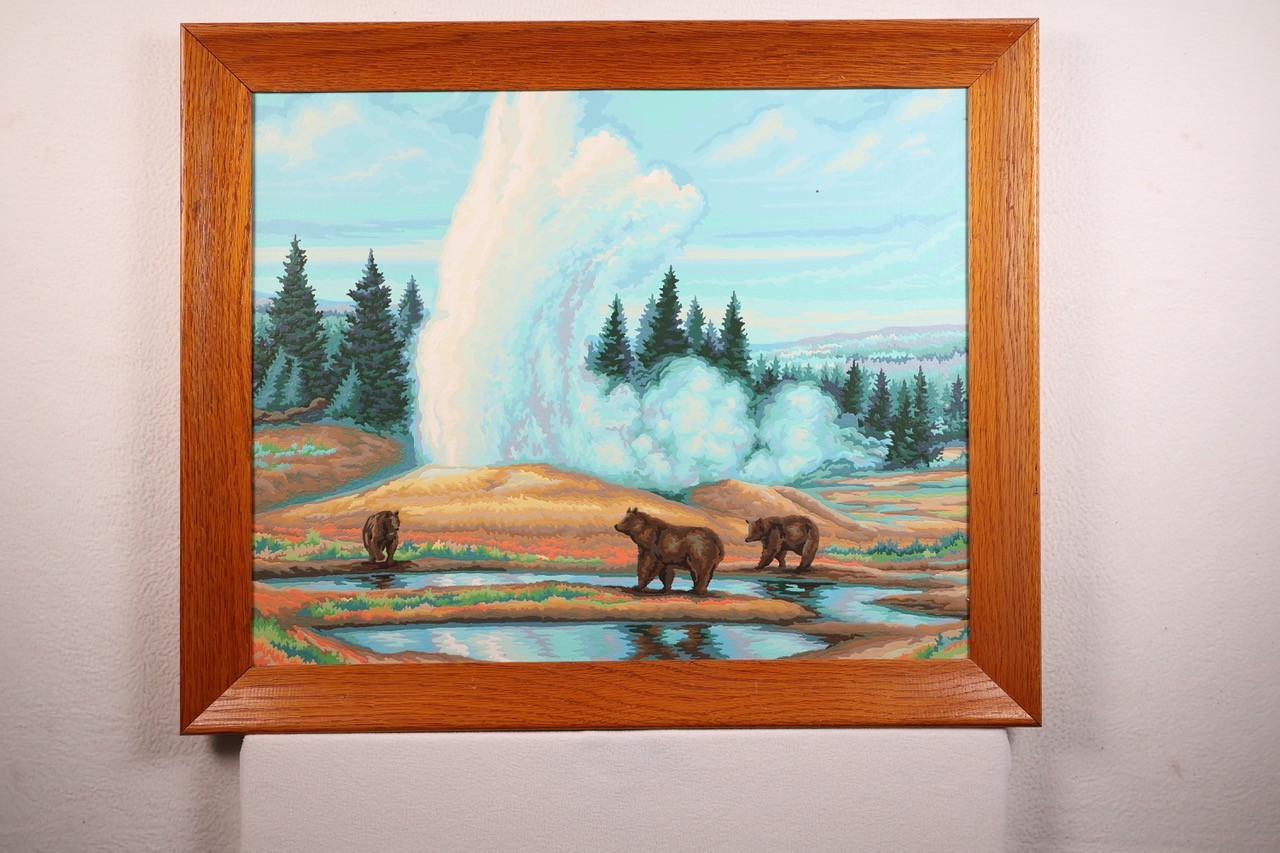 Vintage Paint by Number «Yellowstone» Framed 90s National Park Bear Geyser