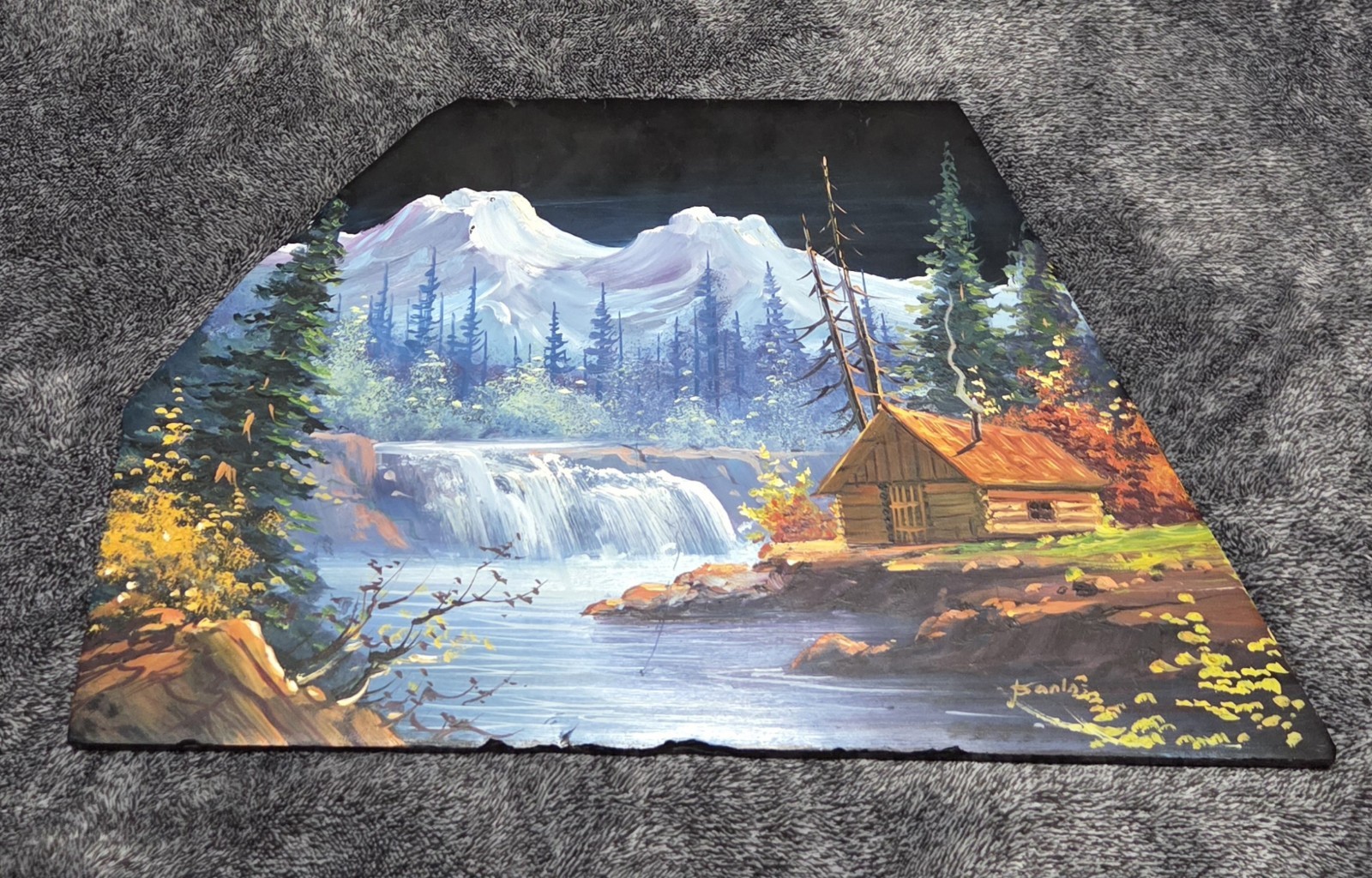 Hand Painted Landscape Scenery Stone Slab Lake Cabin Mountains Signed 10×15″